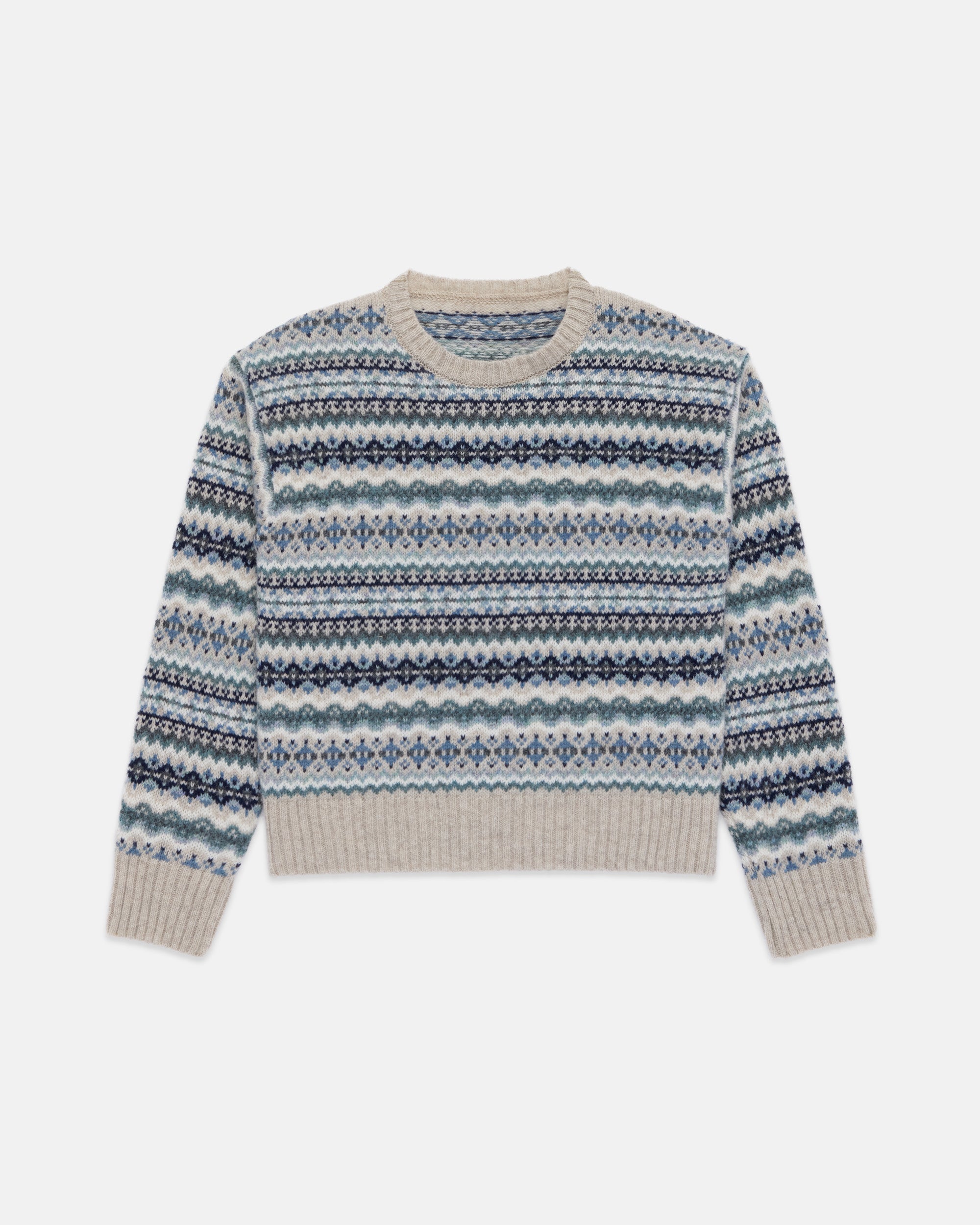 Made-in-Scotland Women's Light Blue Fair Isle Crew Neck Sweater