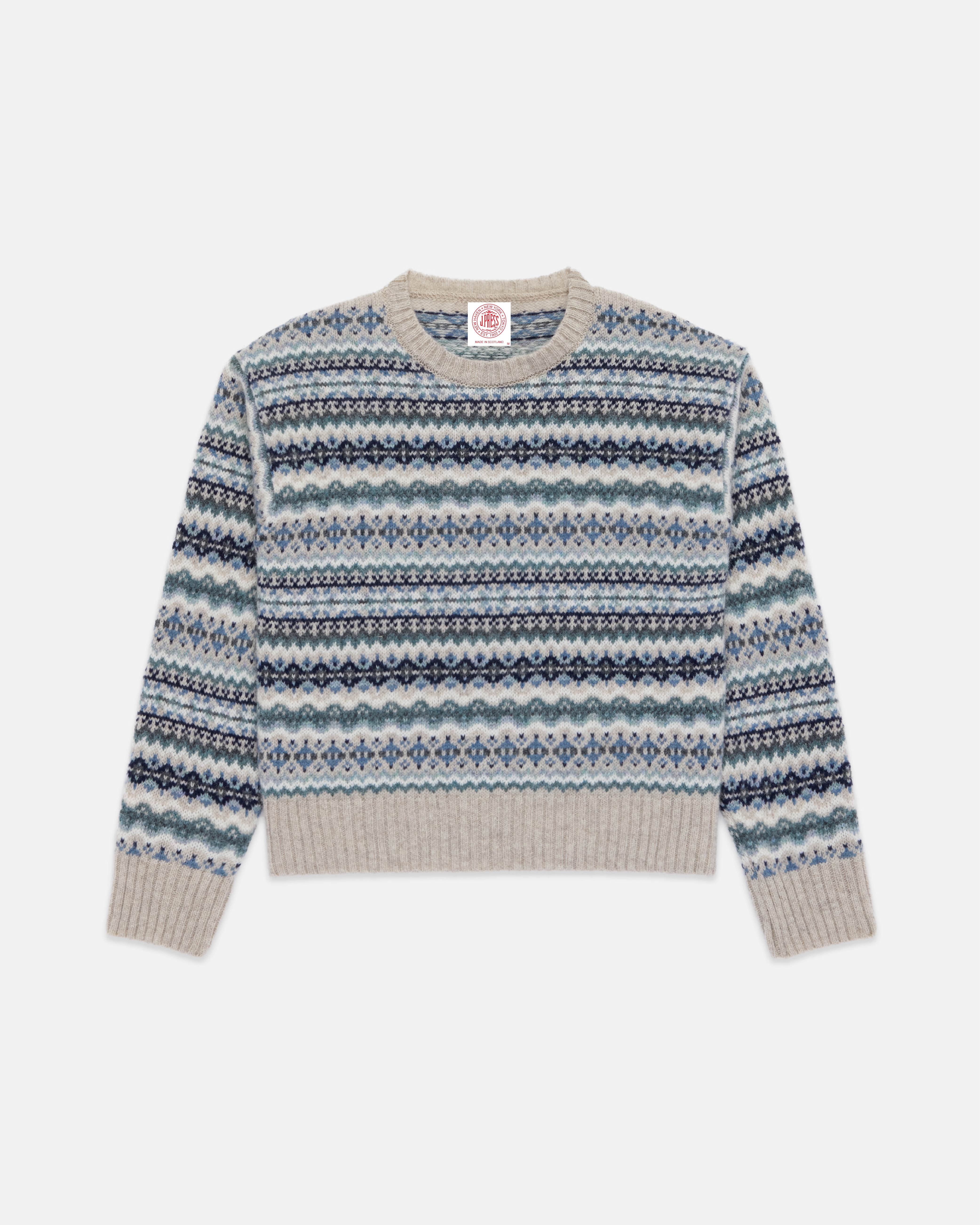 Made-in-Scotland Women's Light Blue Fair Isle Crew Neck Sweater