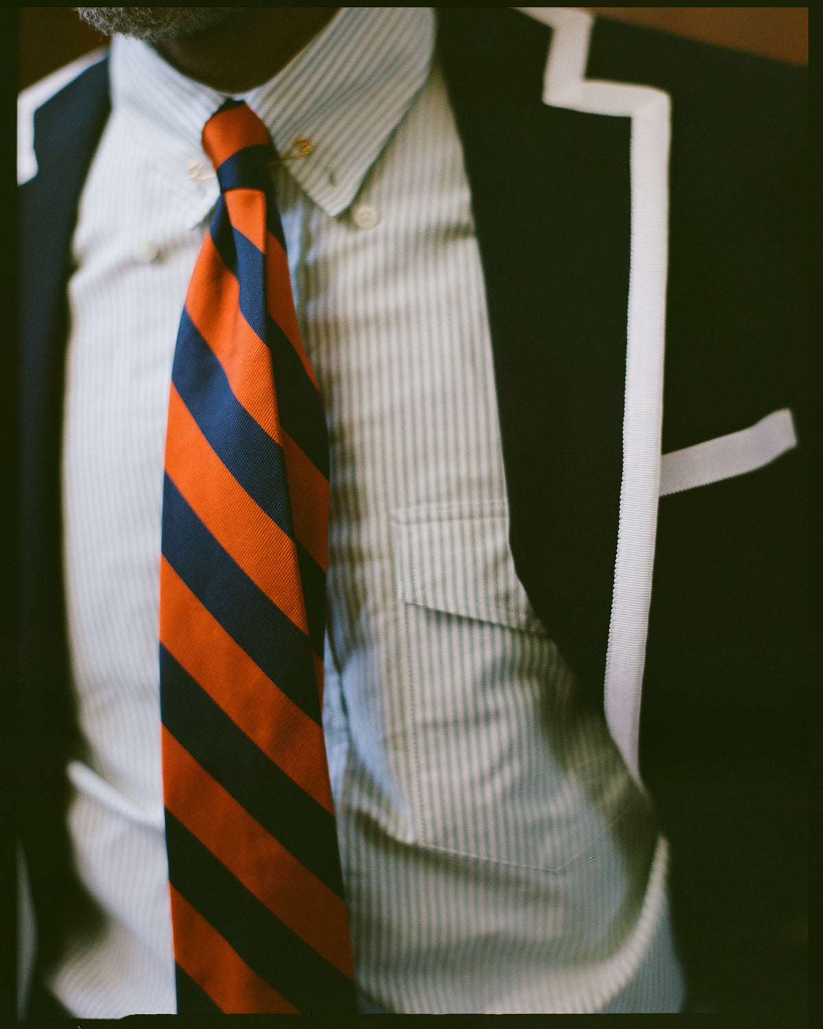 Made-in-USA Navy & Orange Guard Stripe Silk Repp Tie