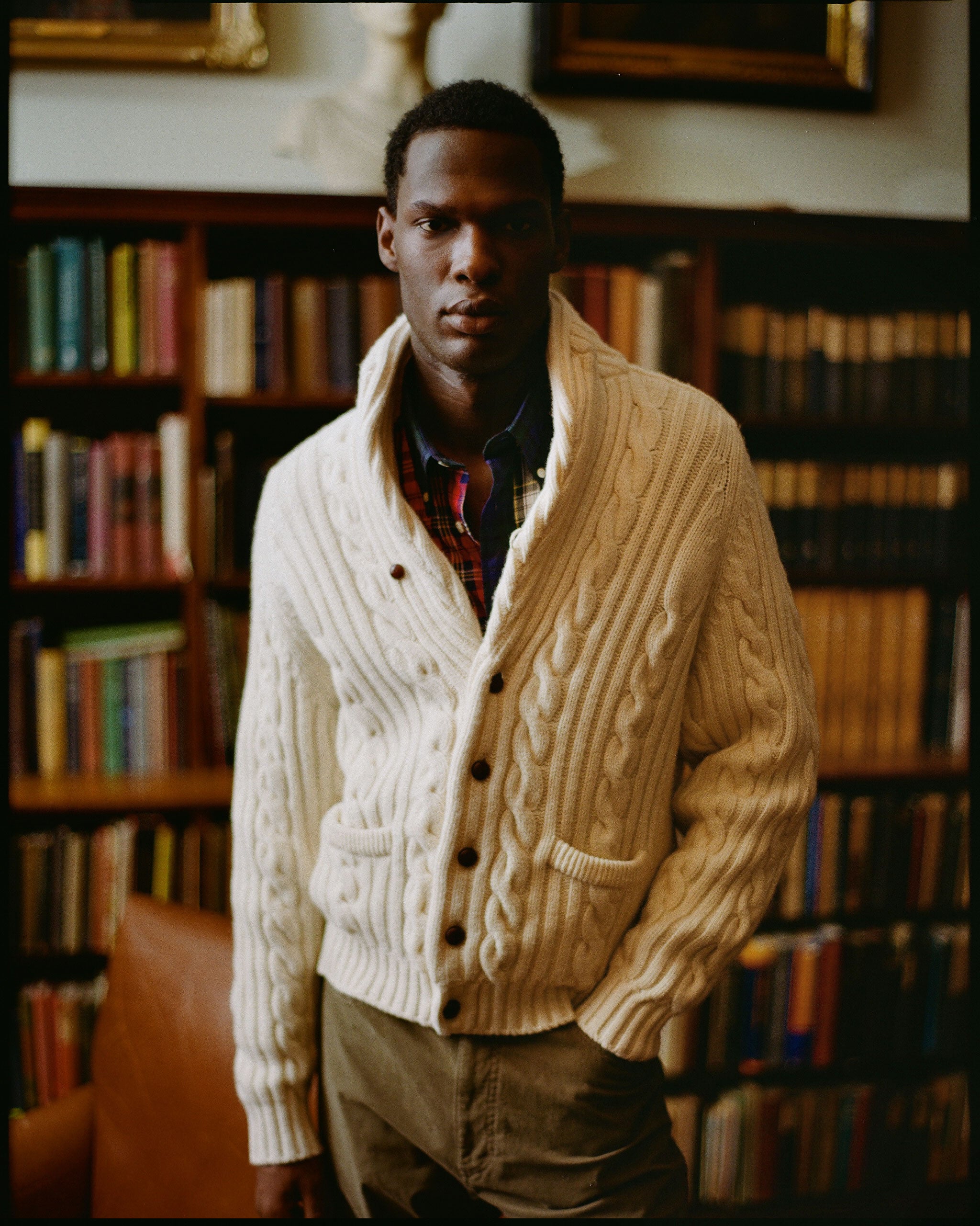 Made-in-Scotland Natural Shawl Collar Cable Knit Cardigan