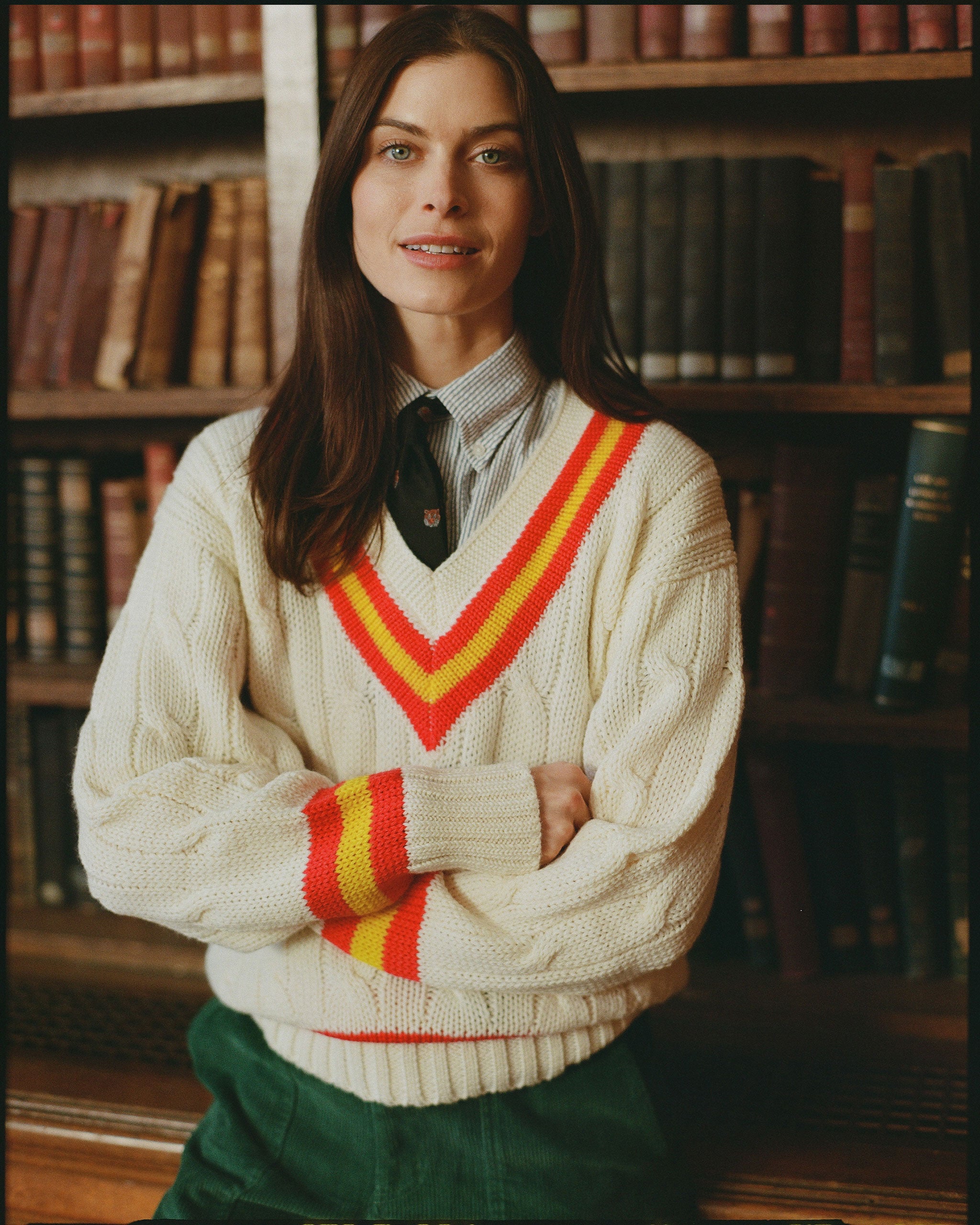 Made-in-England Red & Yellow Cable Knit Wool Cricket Sweater