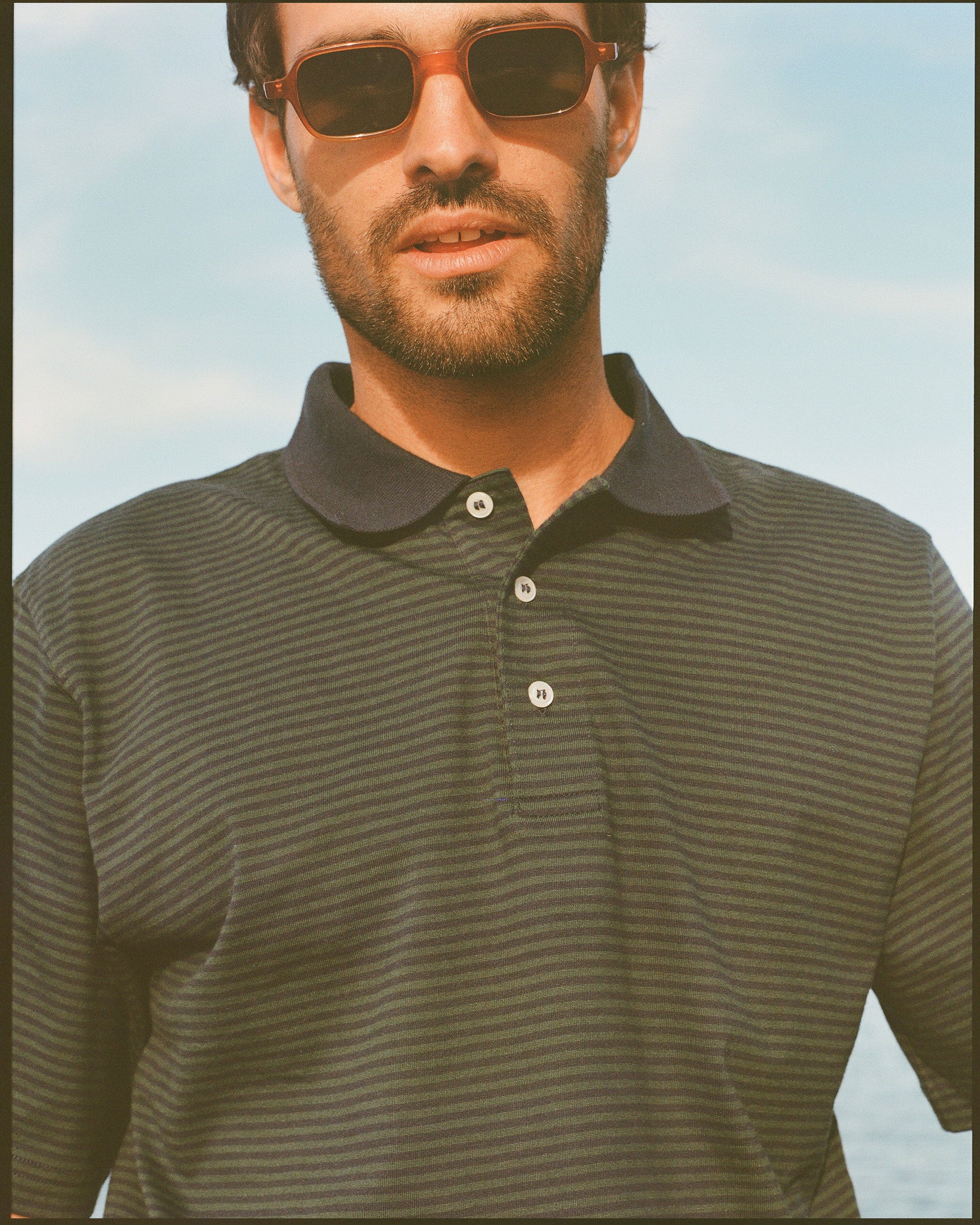 Navy & Green Cotton Jersey Stripe Polo - Classic Fit