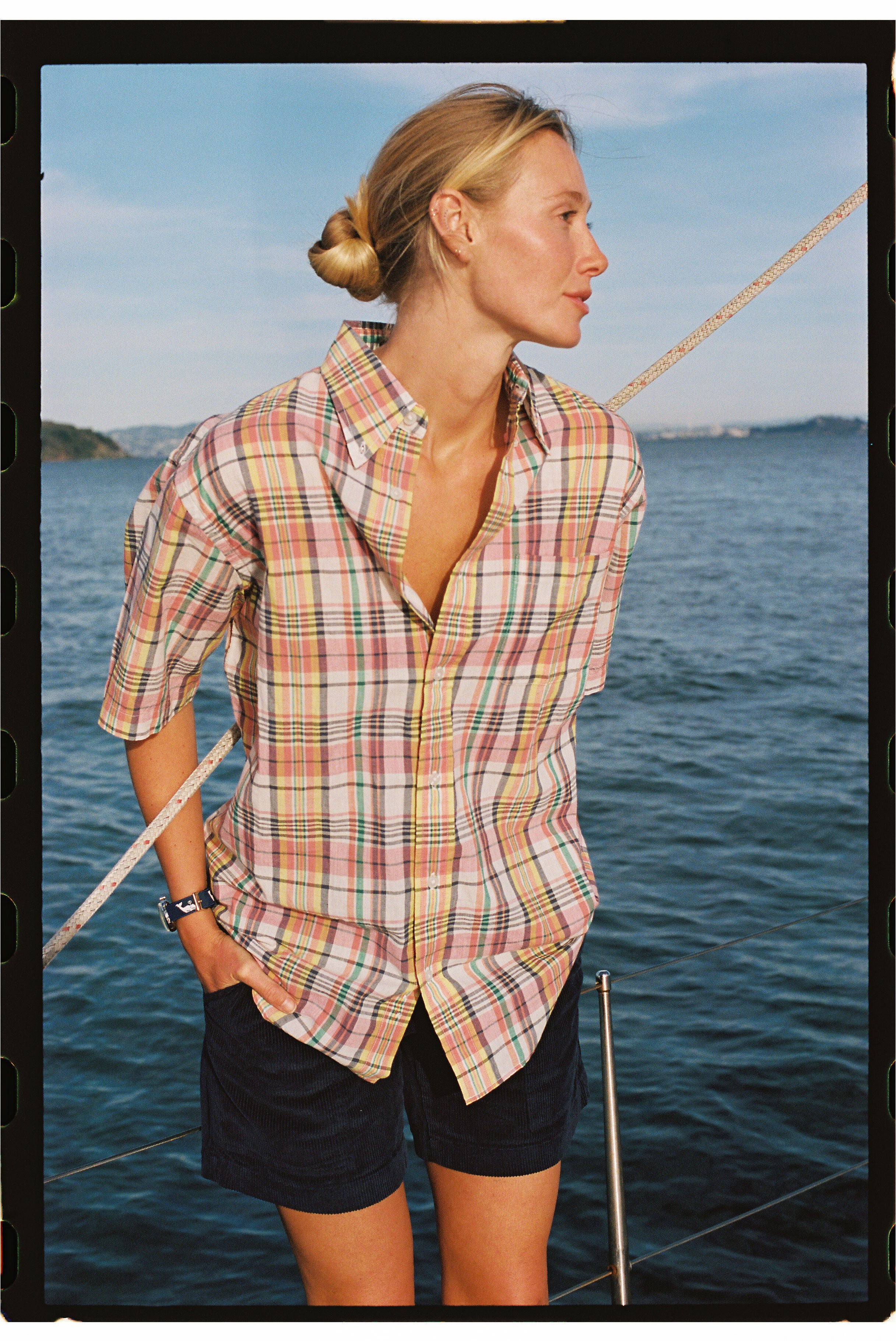Pink, Navy & Yellow Madras Button Down Short Sleeve Shirt - Classic Fit