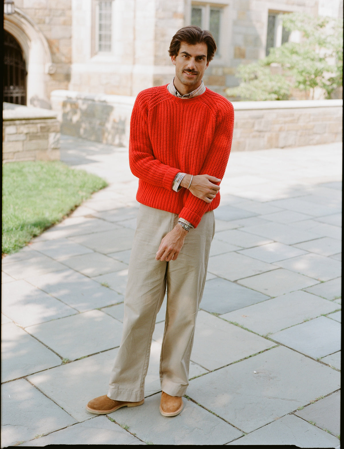 Made-in-Scotland Red Lambswool Shaker Stitch Crew Neck Sweater