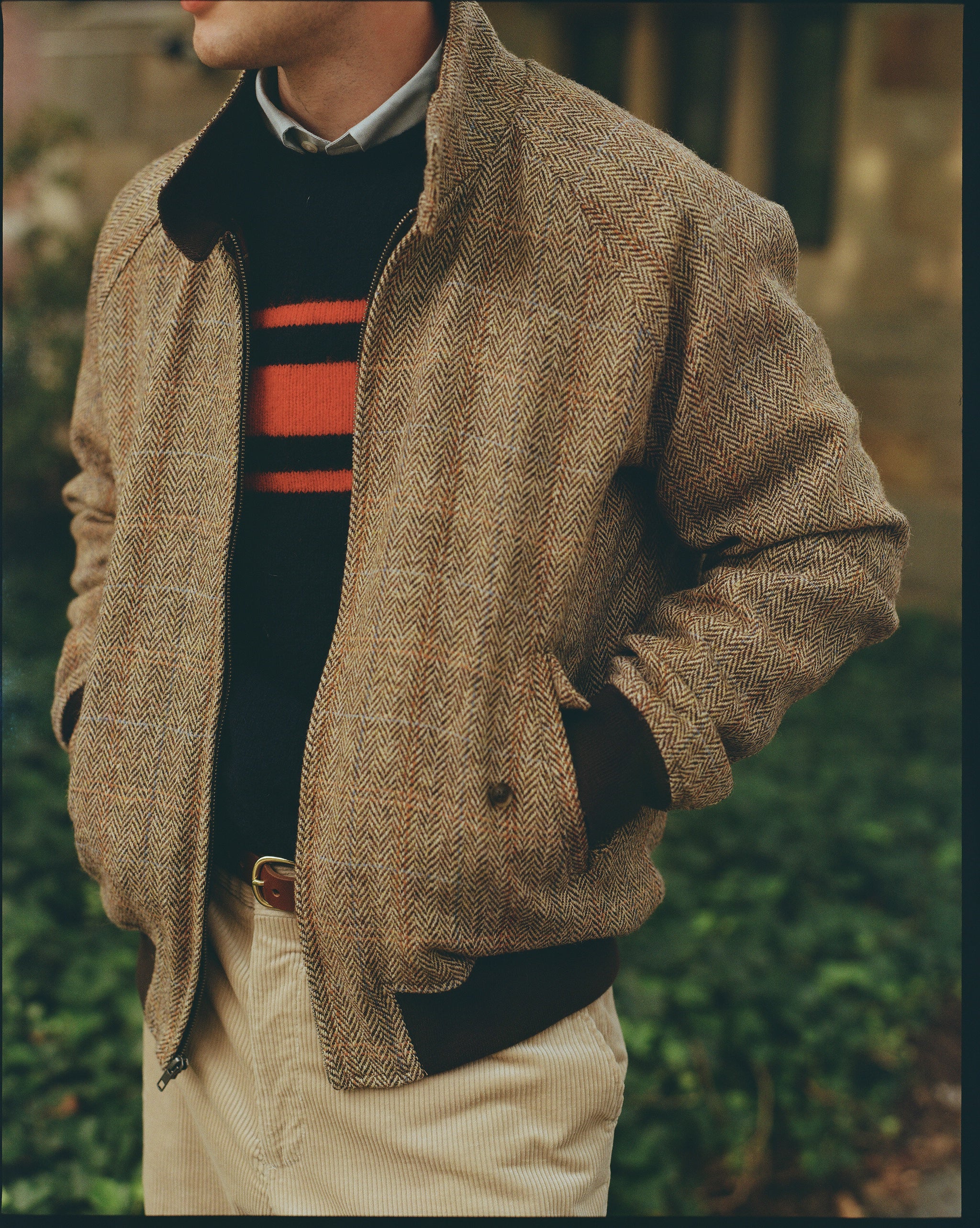 Made-in-England Light Brown Herringbone Harris Tweed Harrington Jacket