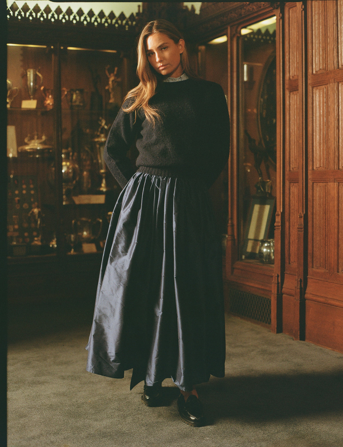 Made-in-USA Women's Navy Silk Taffeta Skirt