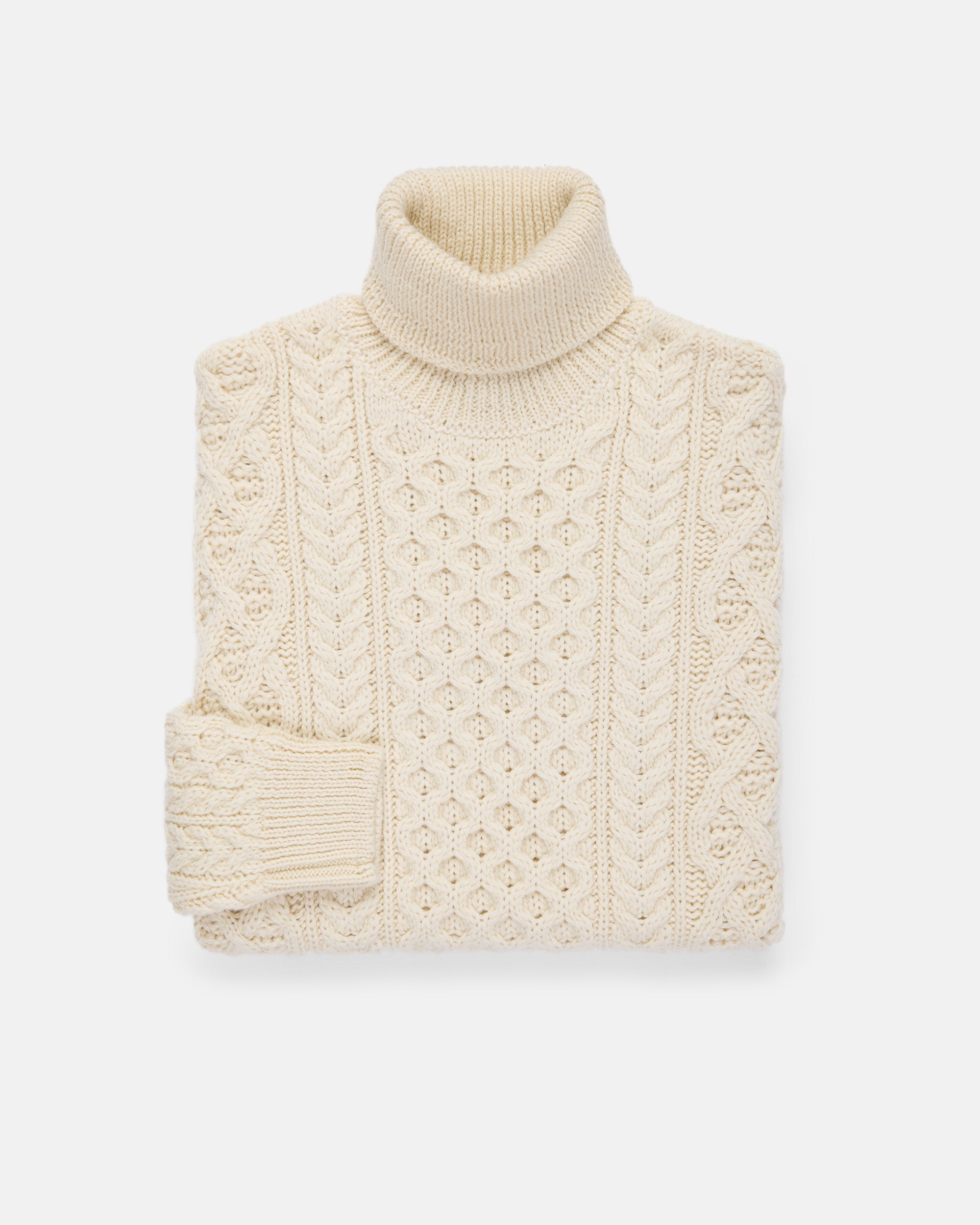 Made-in-Ireland Natural Aran Knit Turtleneck Sweater