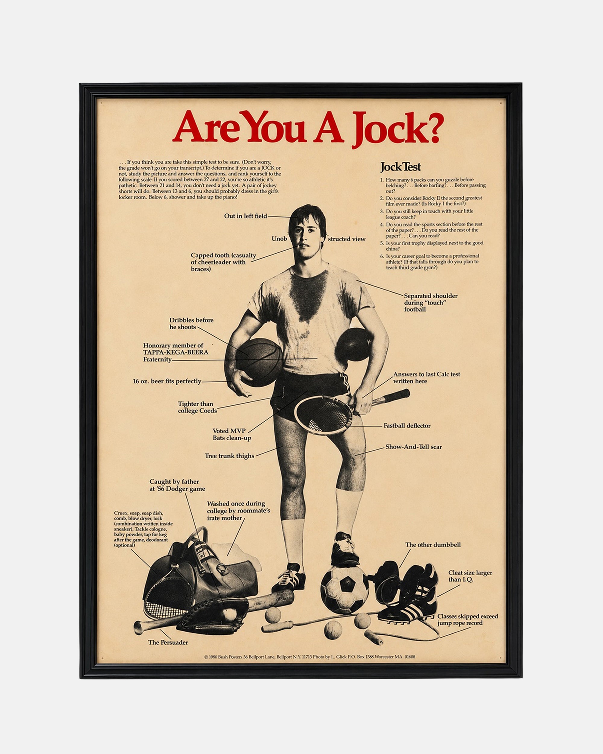 Vintage "Are You A Jock?" 1980 Framed Poster 19 x 26 in.