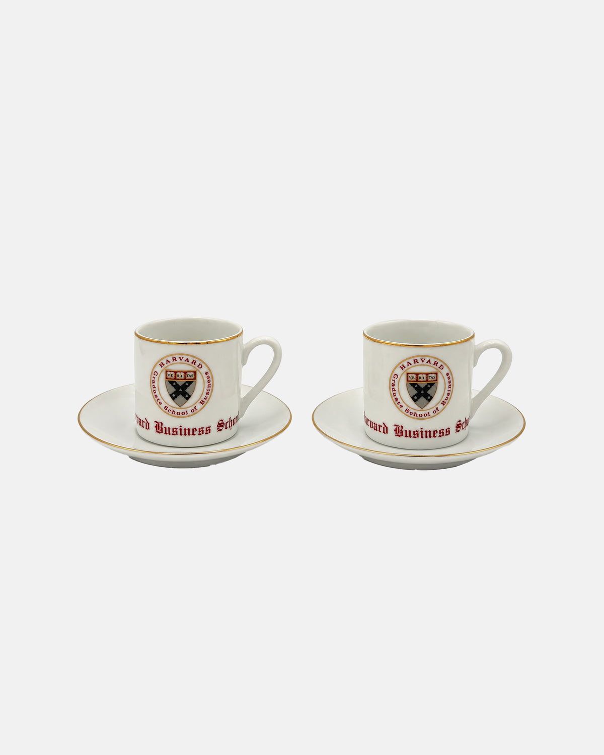 Pair Vintage Harvard Business School Porcelain Demitasse Cups Saucers