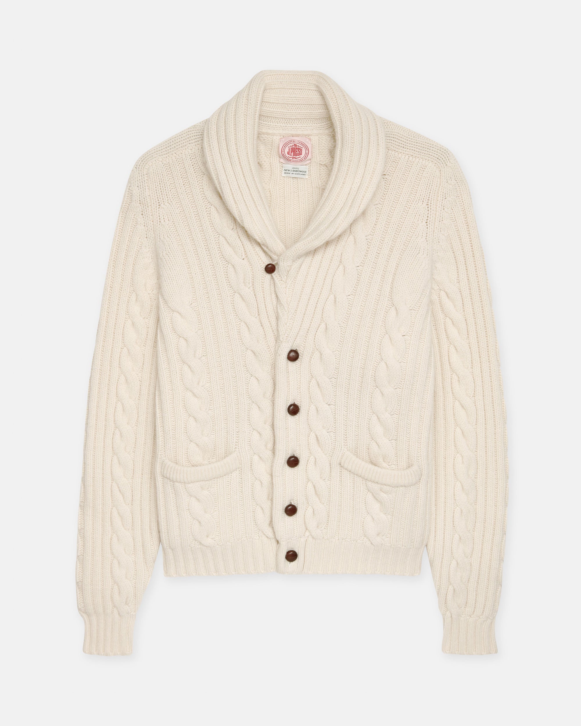 Made-in-Scotland Natural Shawl Collar Cable Knit Cardigan