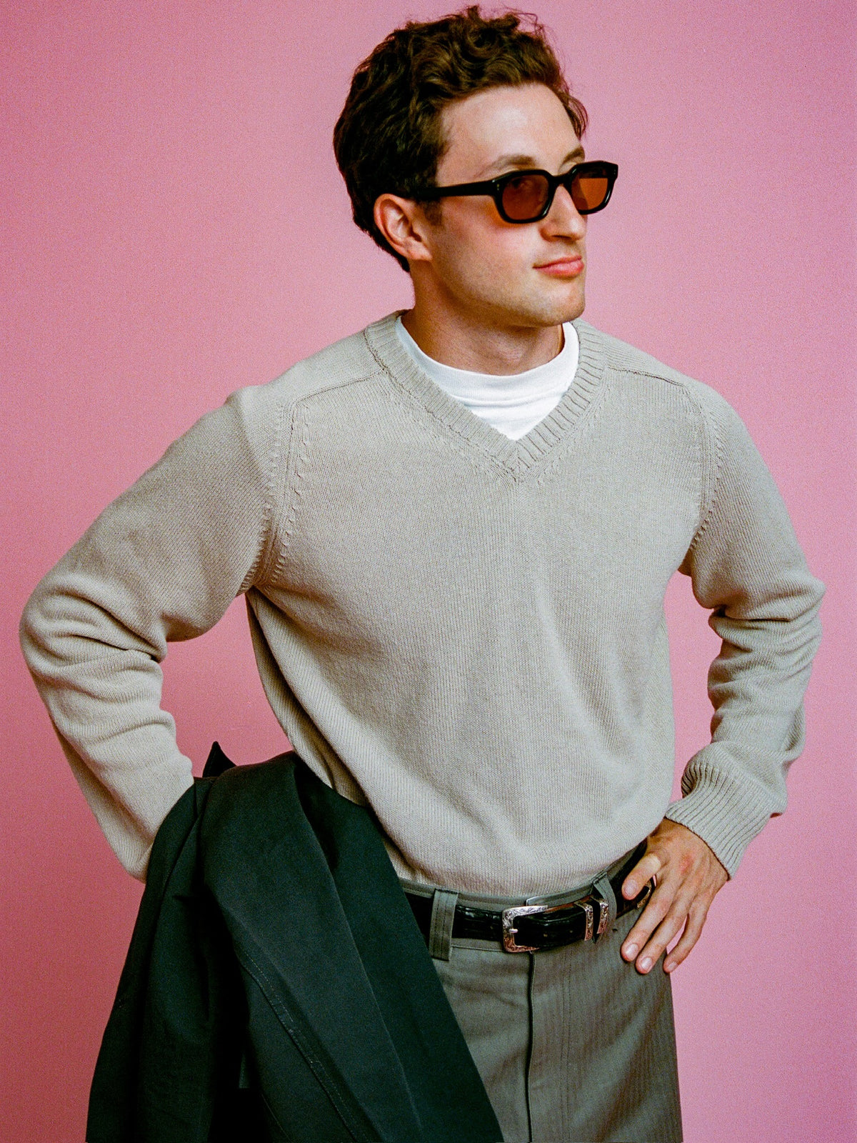 Vito's Beige V-Neck Cotton Sweater