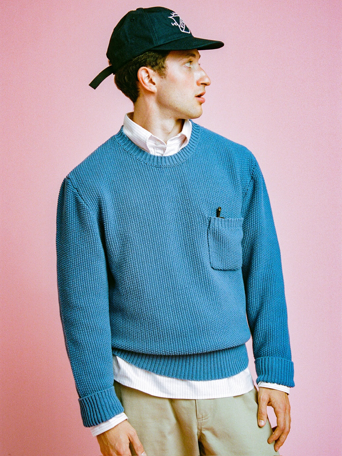 Vito's Postal Blue Crewneck Cotton Pocket Sweater