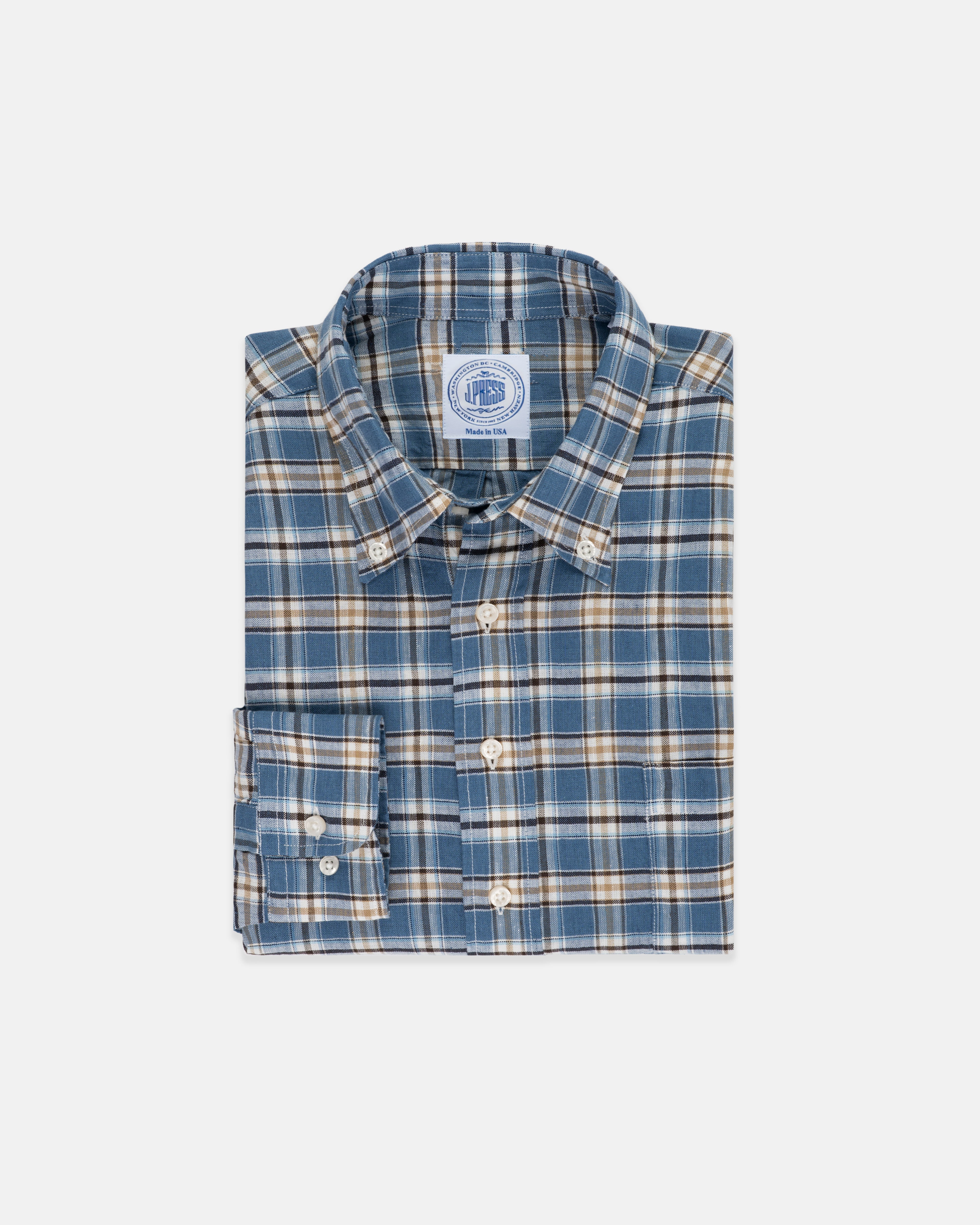 Blue & Gold Plaid Linen/Cotton Sport Shirt - Classic Fit