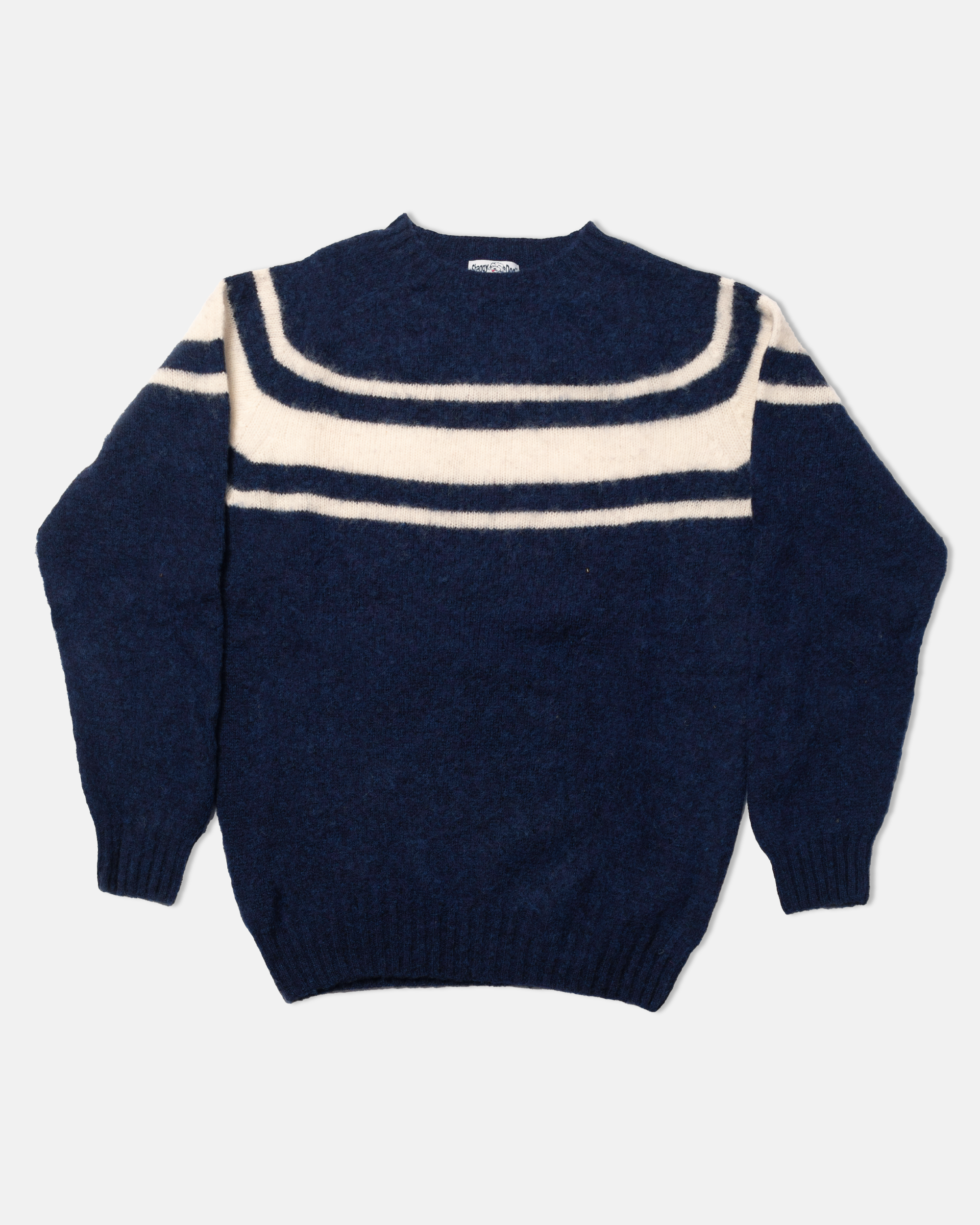 Made-in-Scotland Dark Blue Chest Stripe Shaggy Dog Sweater - Trim Fit