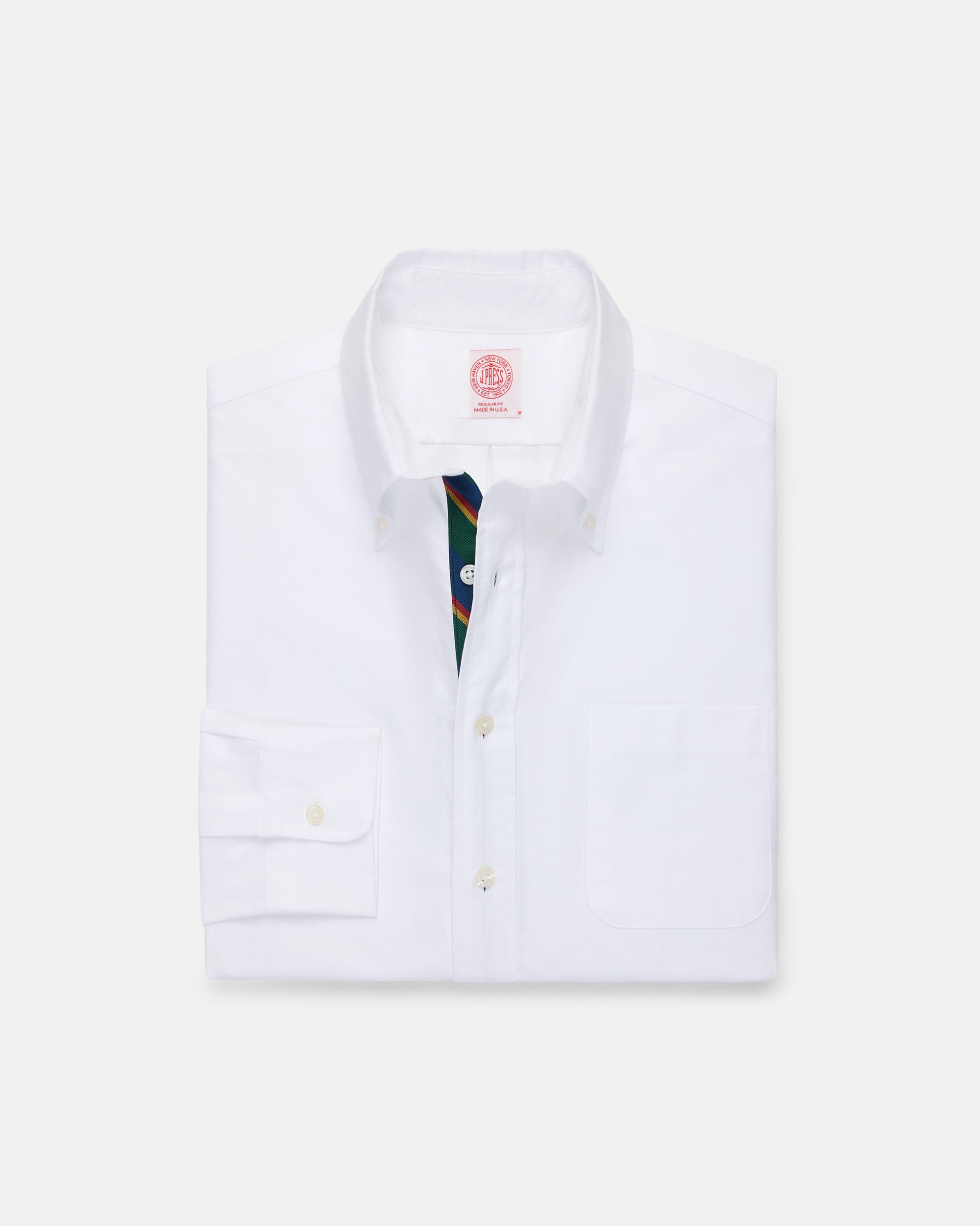 Made-in-USA White with Regimental Stripe Placket Oxford Cloth Sport Shirt - Regular Fit