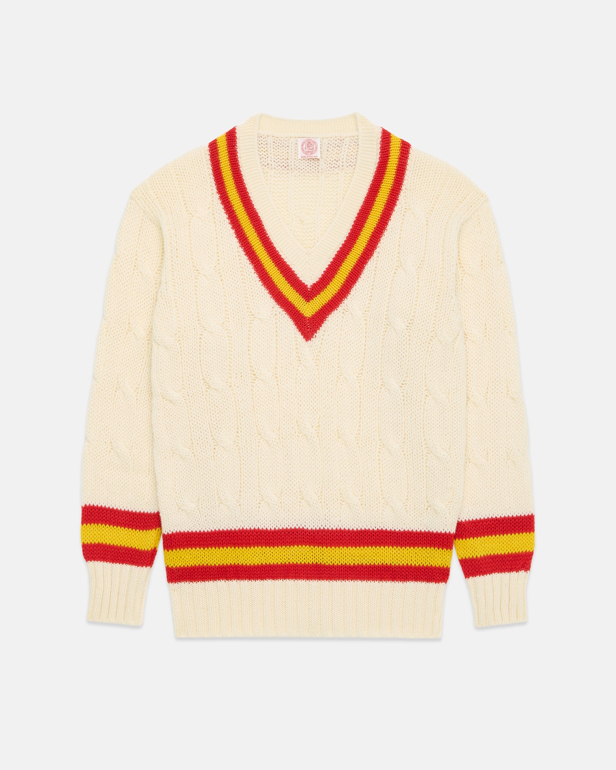 Made-in-England Red & Yellow Cable Knit Wool Cricket Sweater