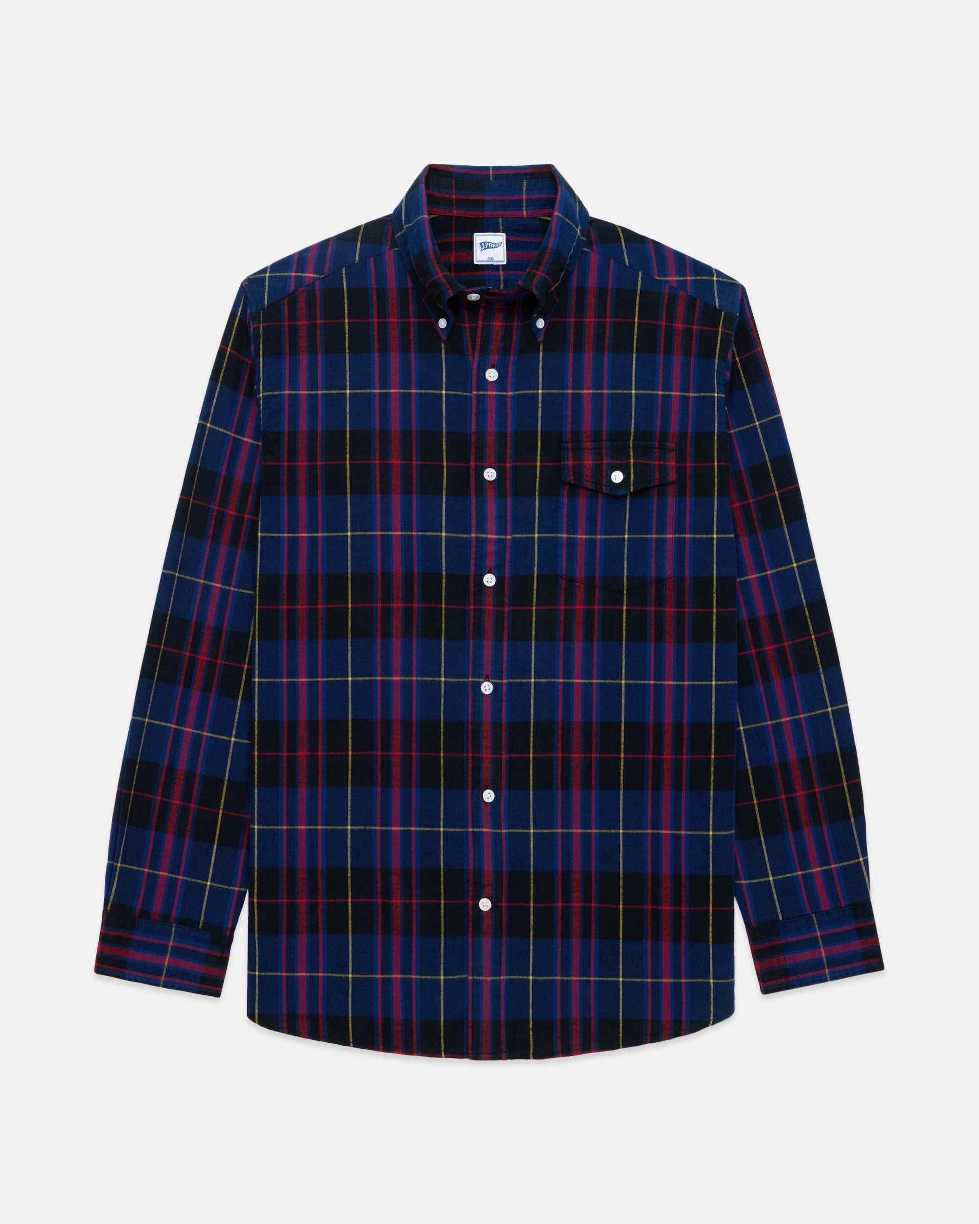 Navy Plaid Cotton Flannel Sport Shirt - Trim Fit