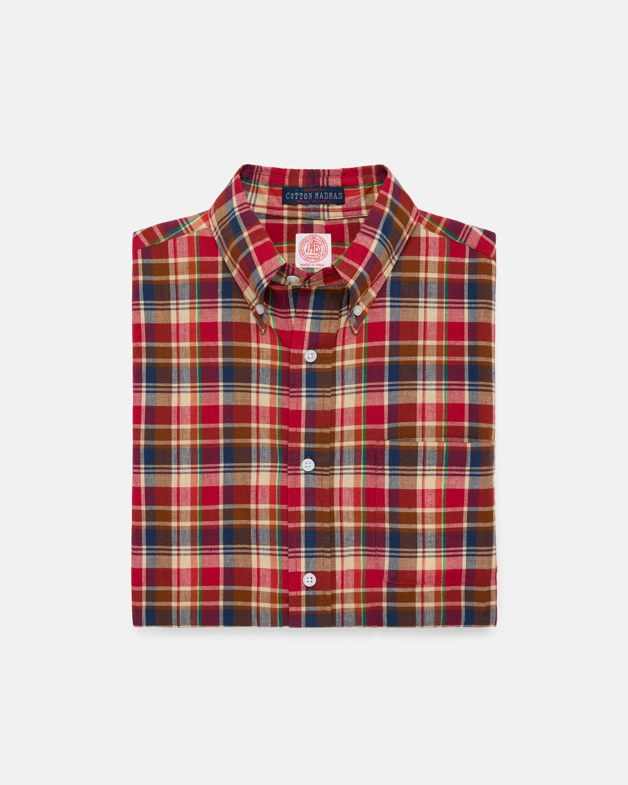 Red, Navy & Tan Madras Button Down Short Sleeve Shirt - Classic Fit