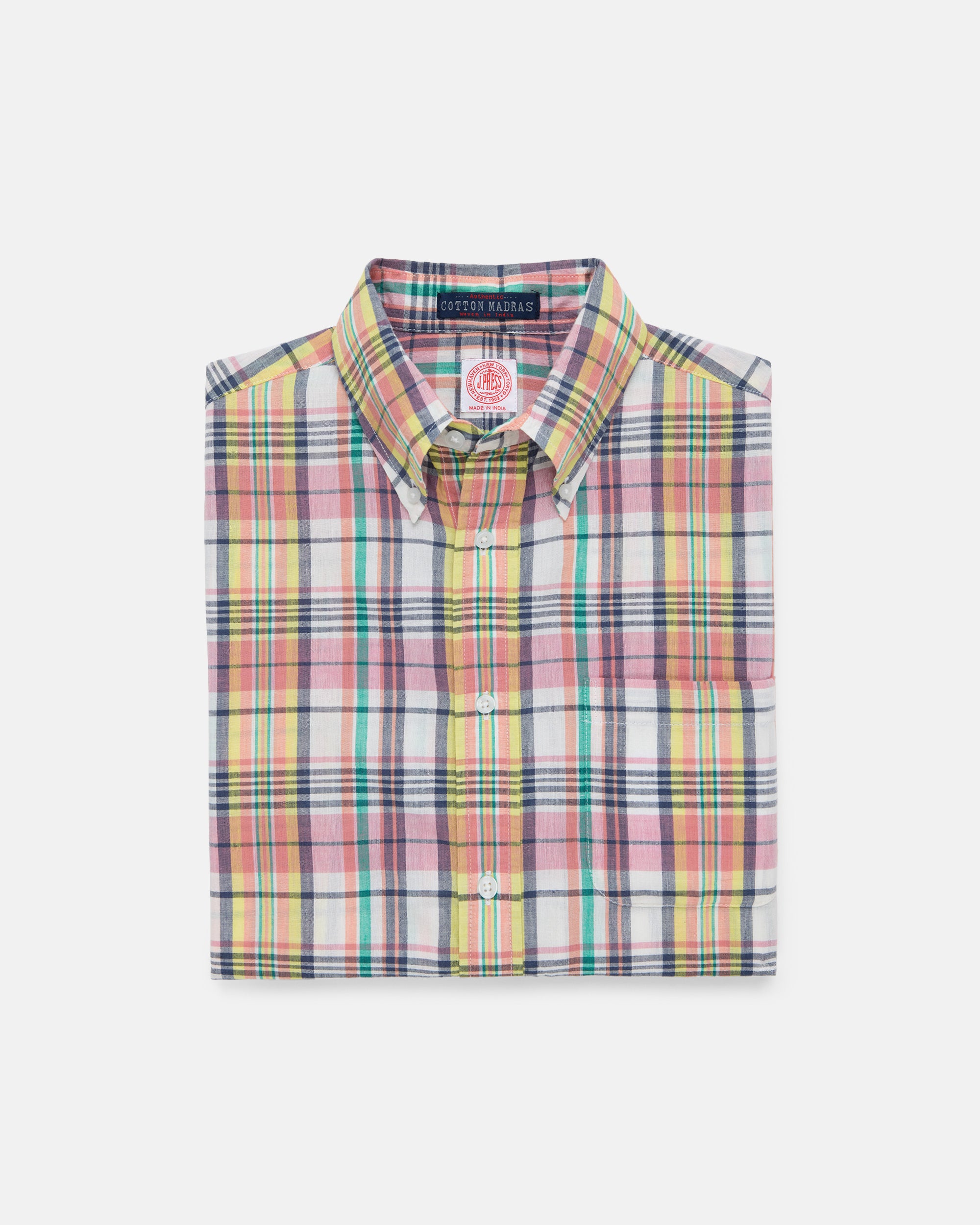 Pink, Navy & Yellow Madras Button Down Short Sleeve Shirt - Classic Fit
