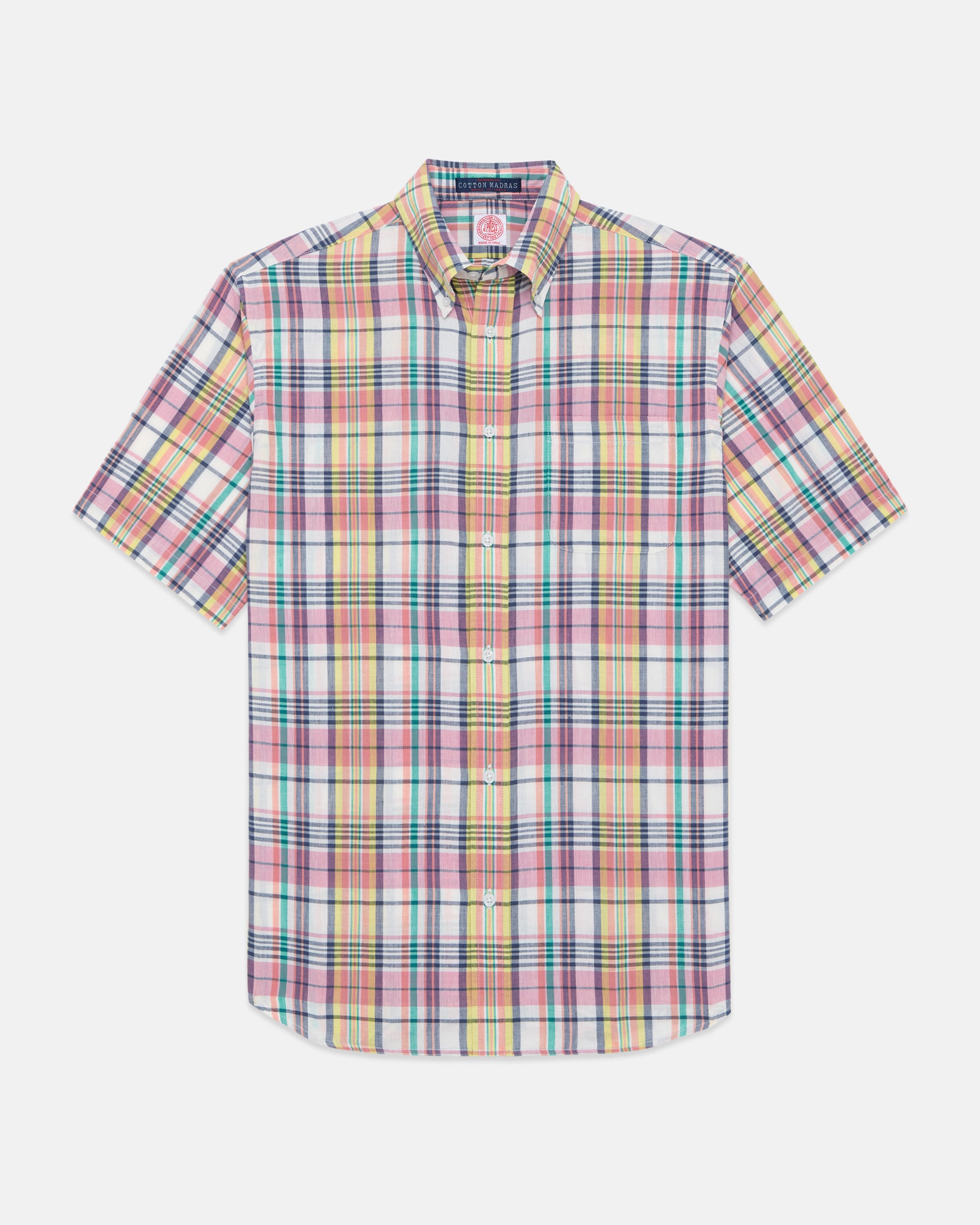 Pink, Navy & Yellow Madras Button Down Short Sleeve Shirt - Classic Fit
