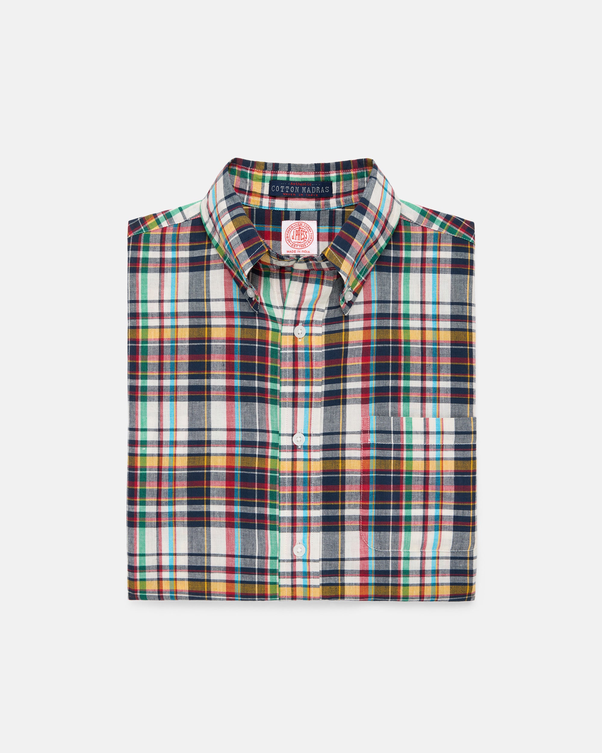 Navy, Red & Gold Madras Button Down Short Sleeve Shirt - Classic Fit