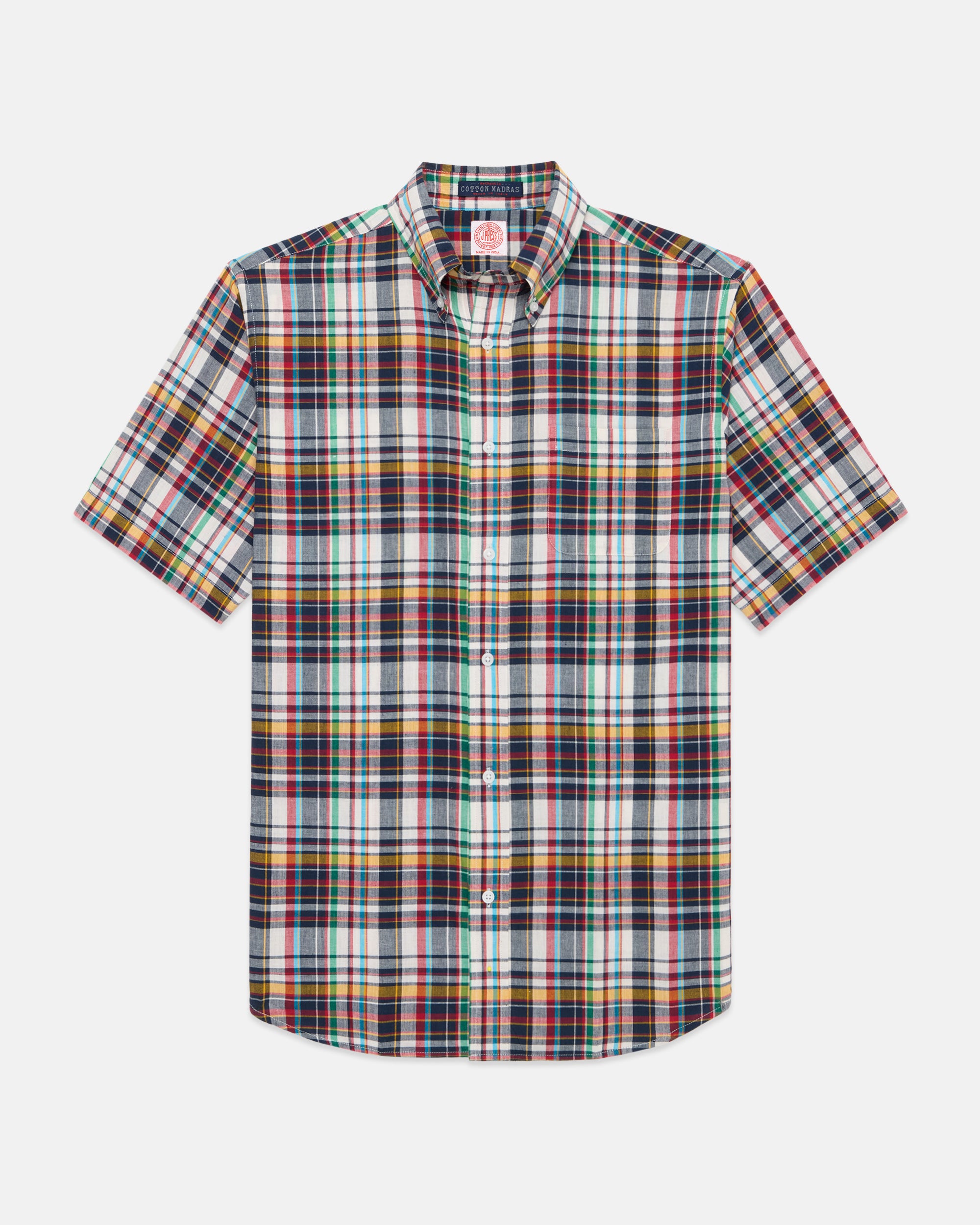 Navy, Red & Gold Madras Button Down Short Sleeve Shirt - Classic Fit
