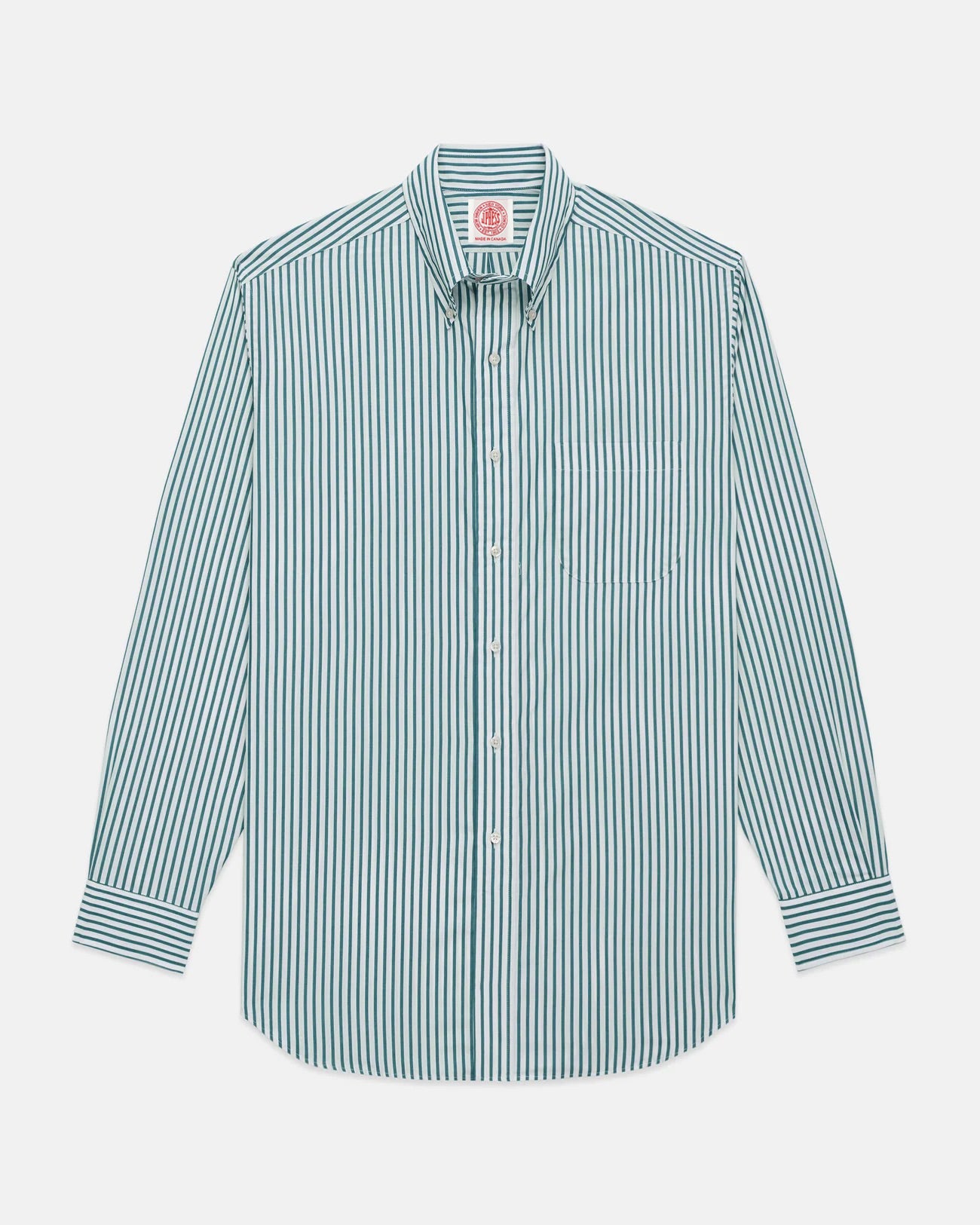 トップス BUTCHER PRODUCTS WIDE BORDER green/white Made-in-Canada Green Butcher Stripe Broadcloth Button Down Shirt