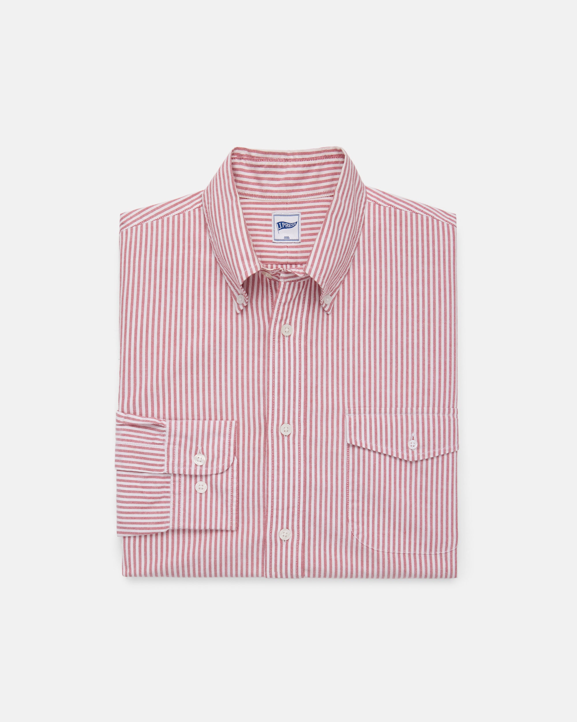 Red Enzyme-Washed Oxford Striped Shirt - Flap Pocket - Trim Fit