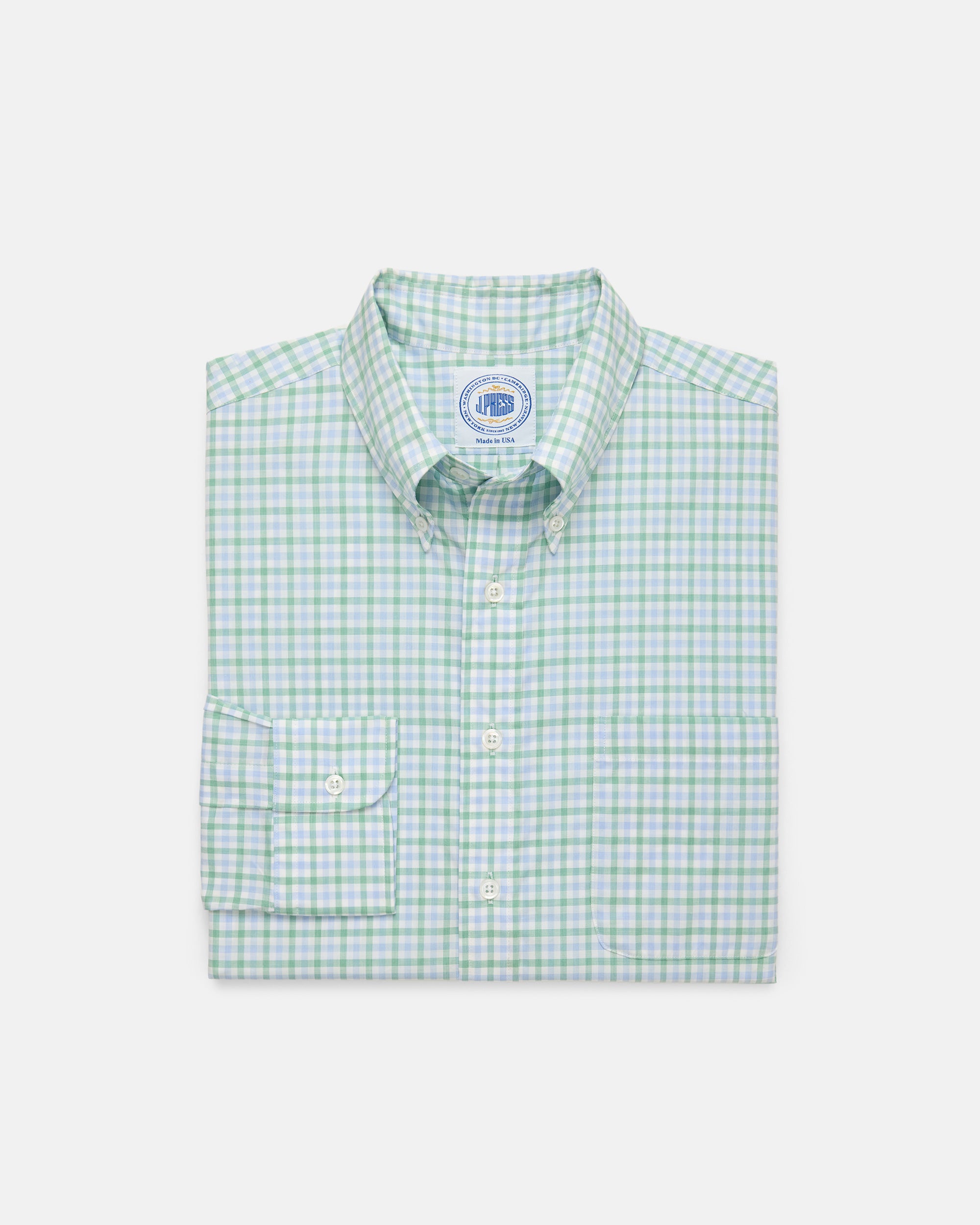 Made-in-USA Thomas Mason Blue and Green Tattersall Button Down Shirt - Classic Fit