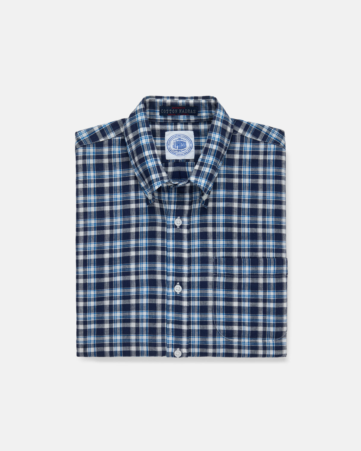 Short Sleeve Blue & Navy Madras Button Down Shirt - Classic Fit
