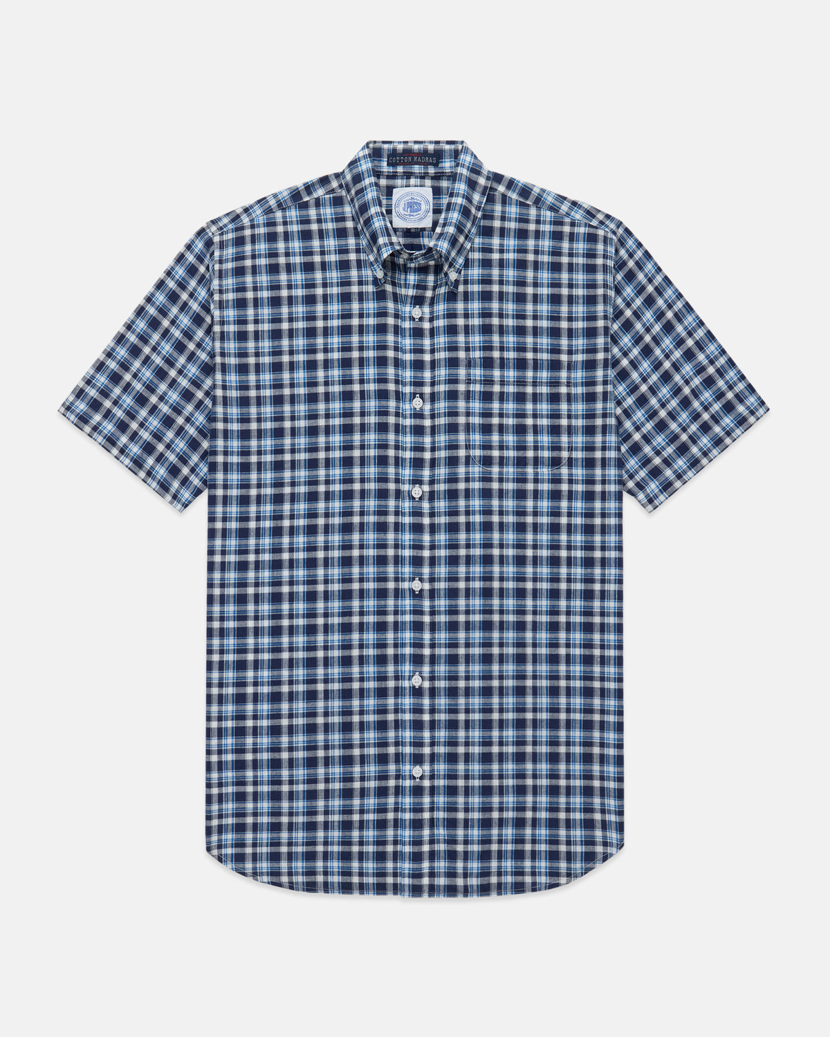 Short Sleeve Blue & Navy Madras Button Down Shirt - Classic Fit