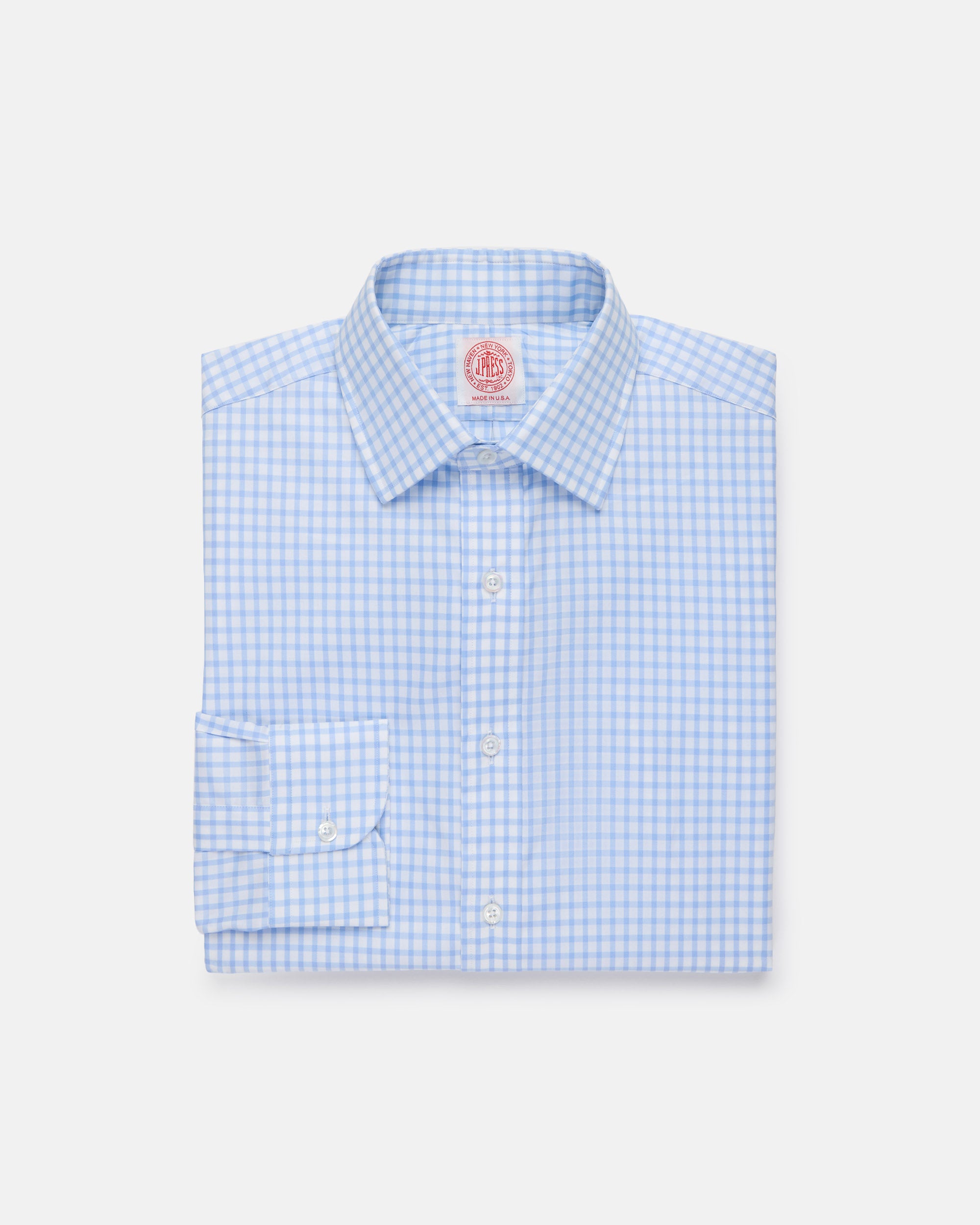 Made-in-USA Thomas Mason Light Blue Large Tattersall Spread Collar Dress Shirt - Classic Fit