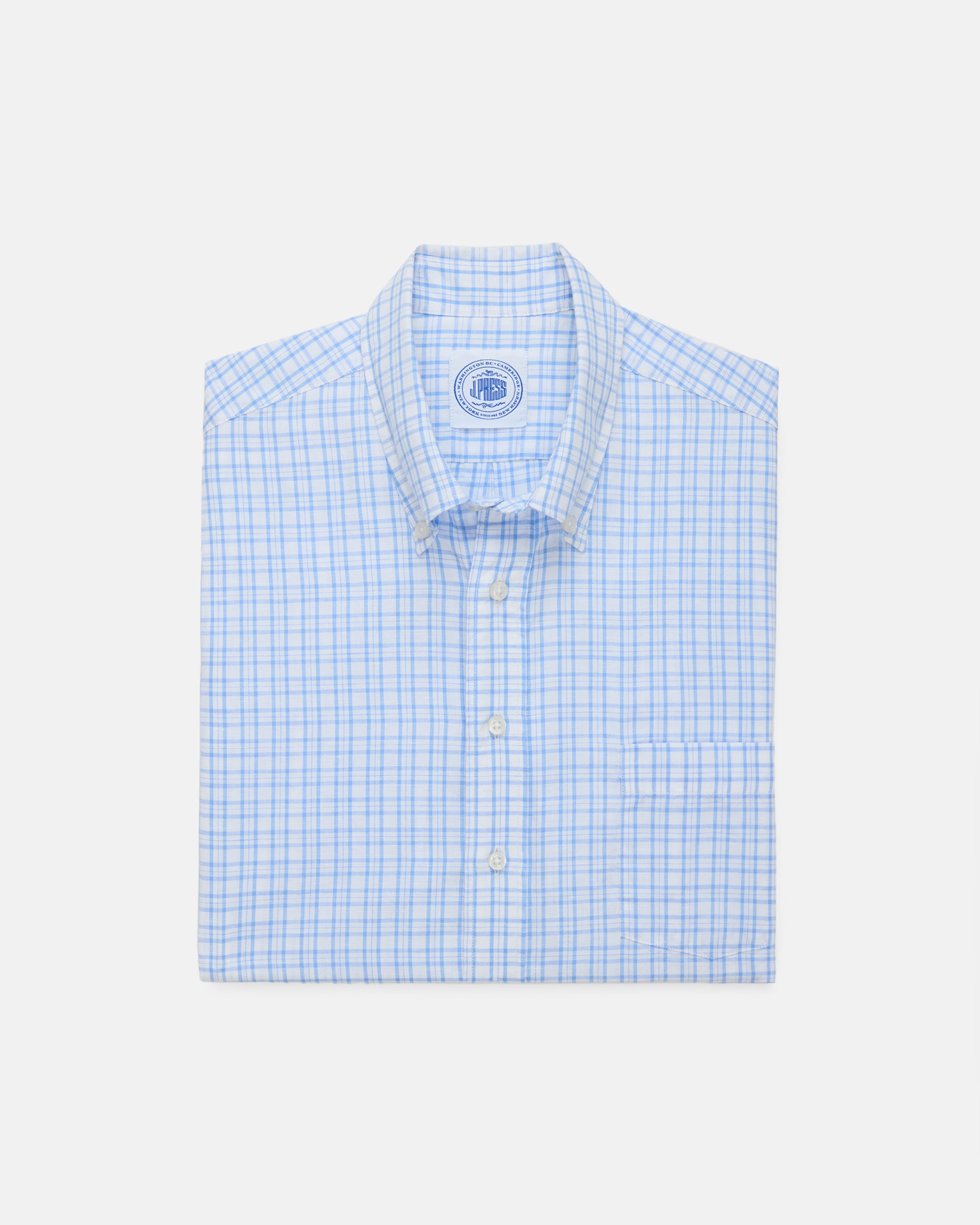 Light Blue Check Cotton/Linen Short Sleeve Sport Shirt - Classic Fit