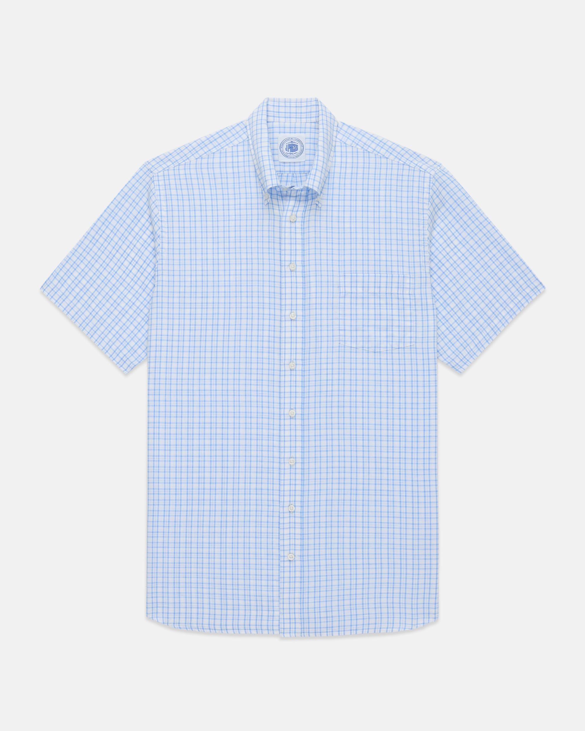 Light Blue Check Cotton/Linen Short Sleeve Sport Shirt - Classic Fit