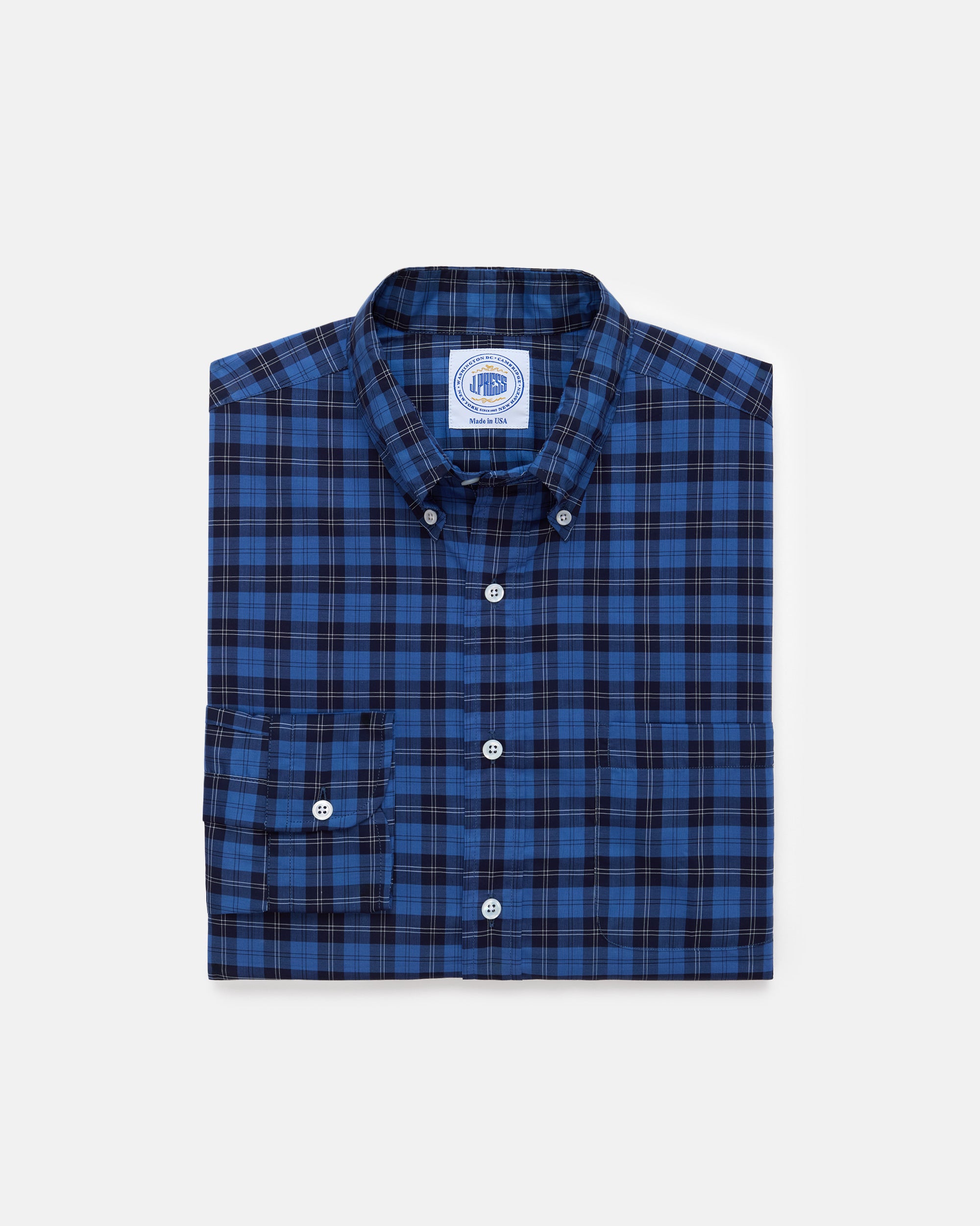 Made-in-USA Thomas Mason Blue & Black Tartan Broadcloth Sport Shirt - Classic Fit