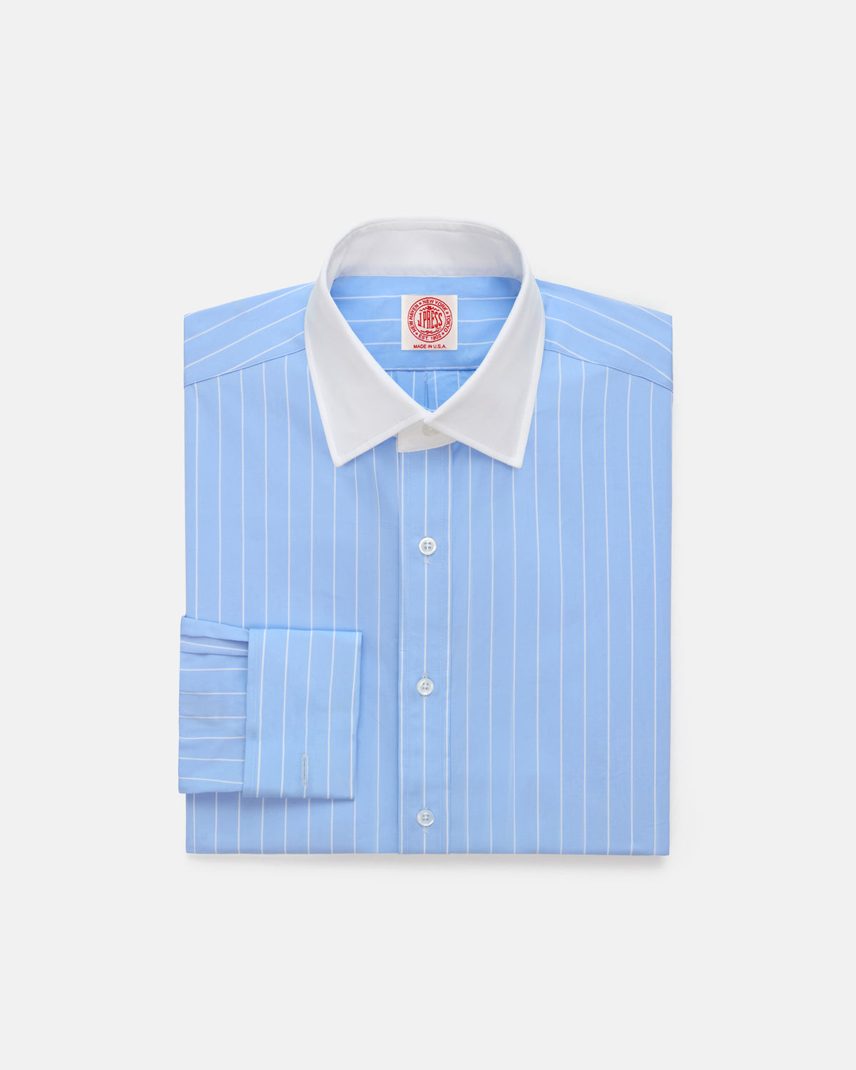 Made-in-USA Thomas Mason Blue & White Stripe Spread Collar French Cuff Dress Shirt
