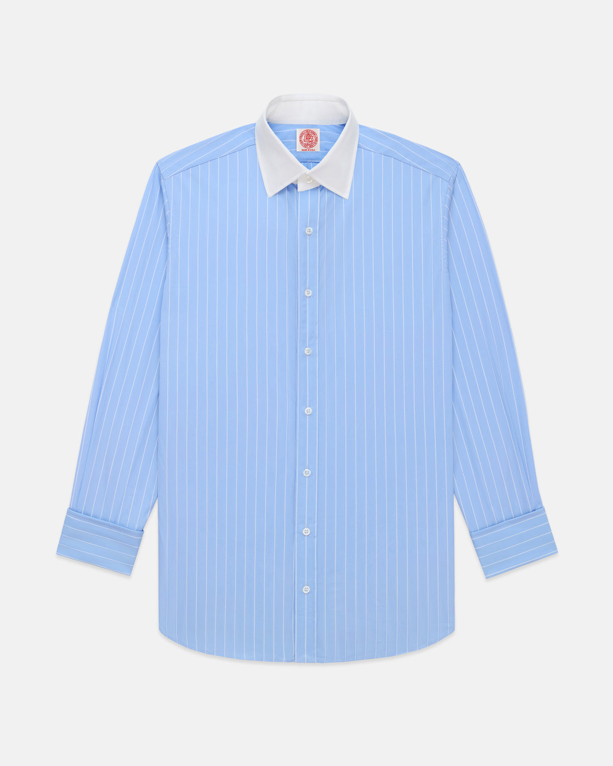 Made-in-USA Thomas Mason Blue & White Stripe Spread Collar French Cuff Dress Shirt