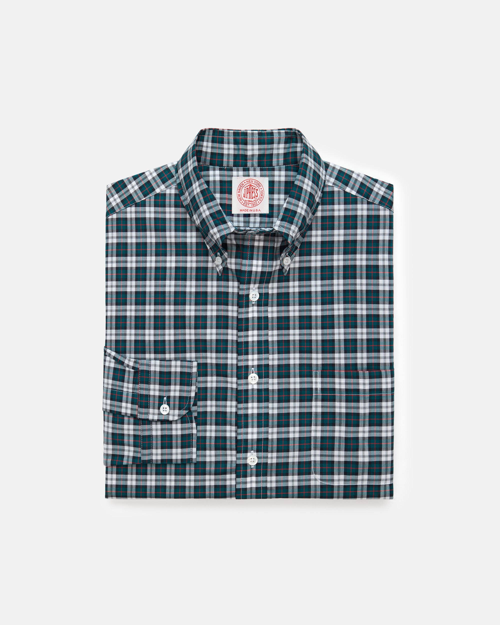 Made-in-USA Thomas Mason Green & White Tartan Broadcloth Sport Shirt - Classic Fit