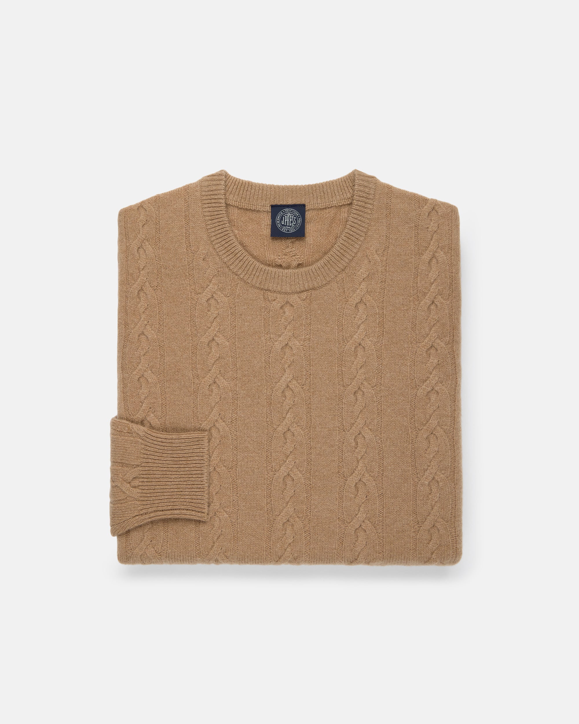 Camel Lambswool Cable Crewneck Sweater