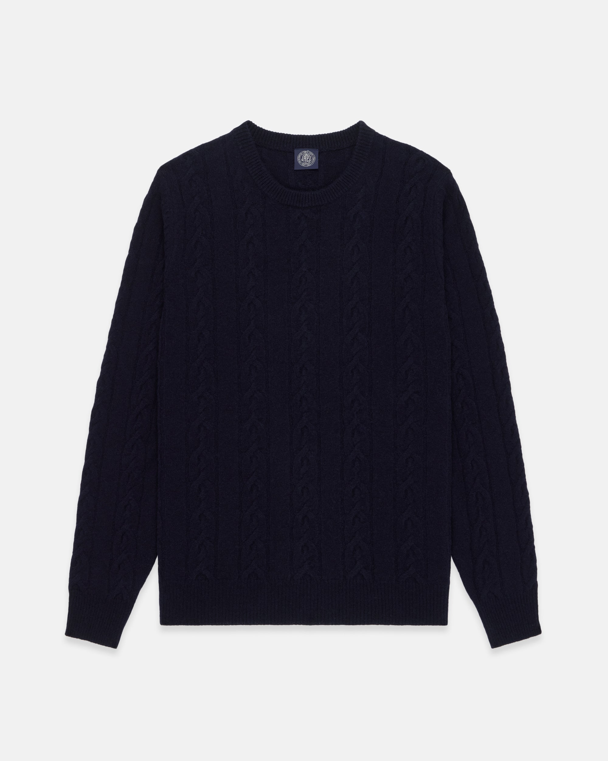 Navy Lambswool Cable Crewneck Sweater