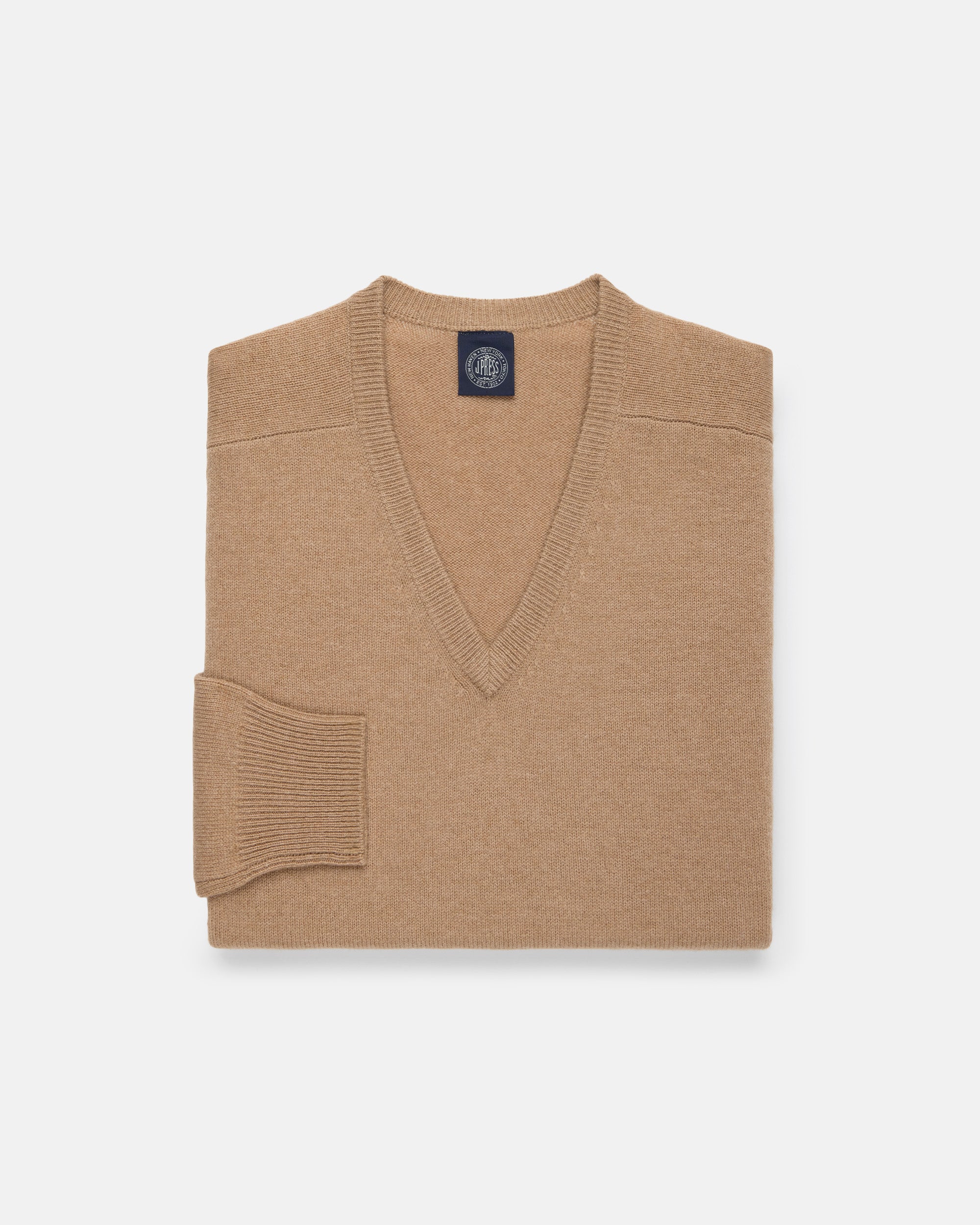 Camel Lambswool V-neck Sweater