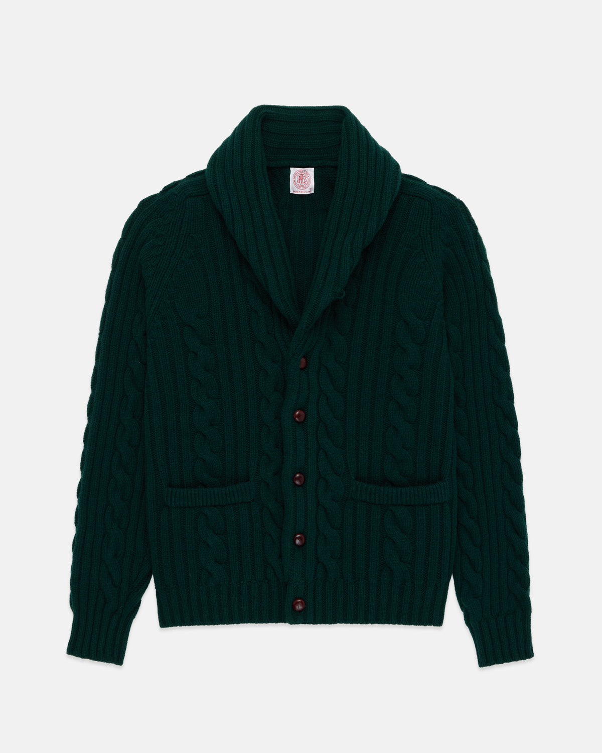 Made-in-Scotland Green Shawl Collar Cable Knit Cardigan