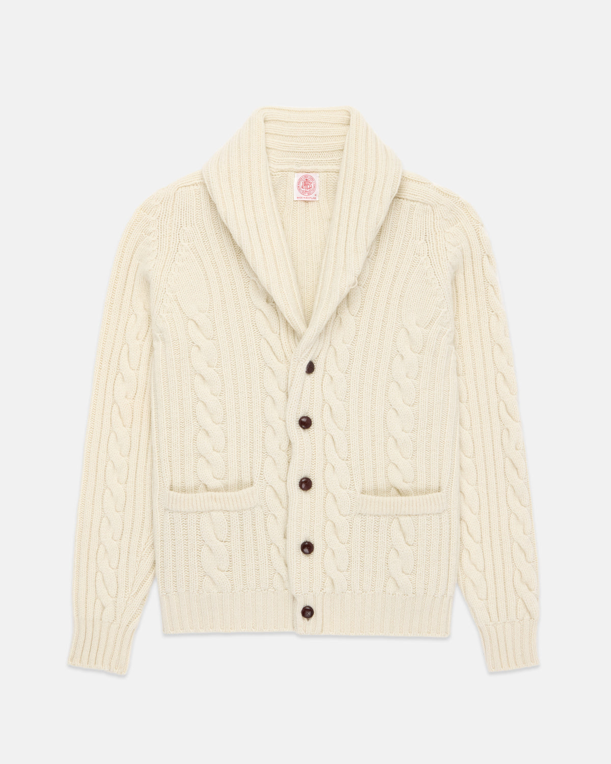 Made-in-Scotland Natural Shawl Collar Cable Knit Cardigan