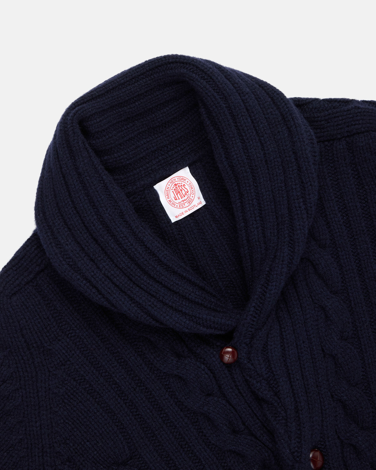 Made-in-Scotland Navy Shawl Collar Cable Knit Cardigan
