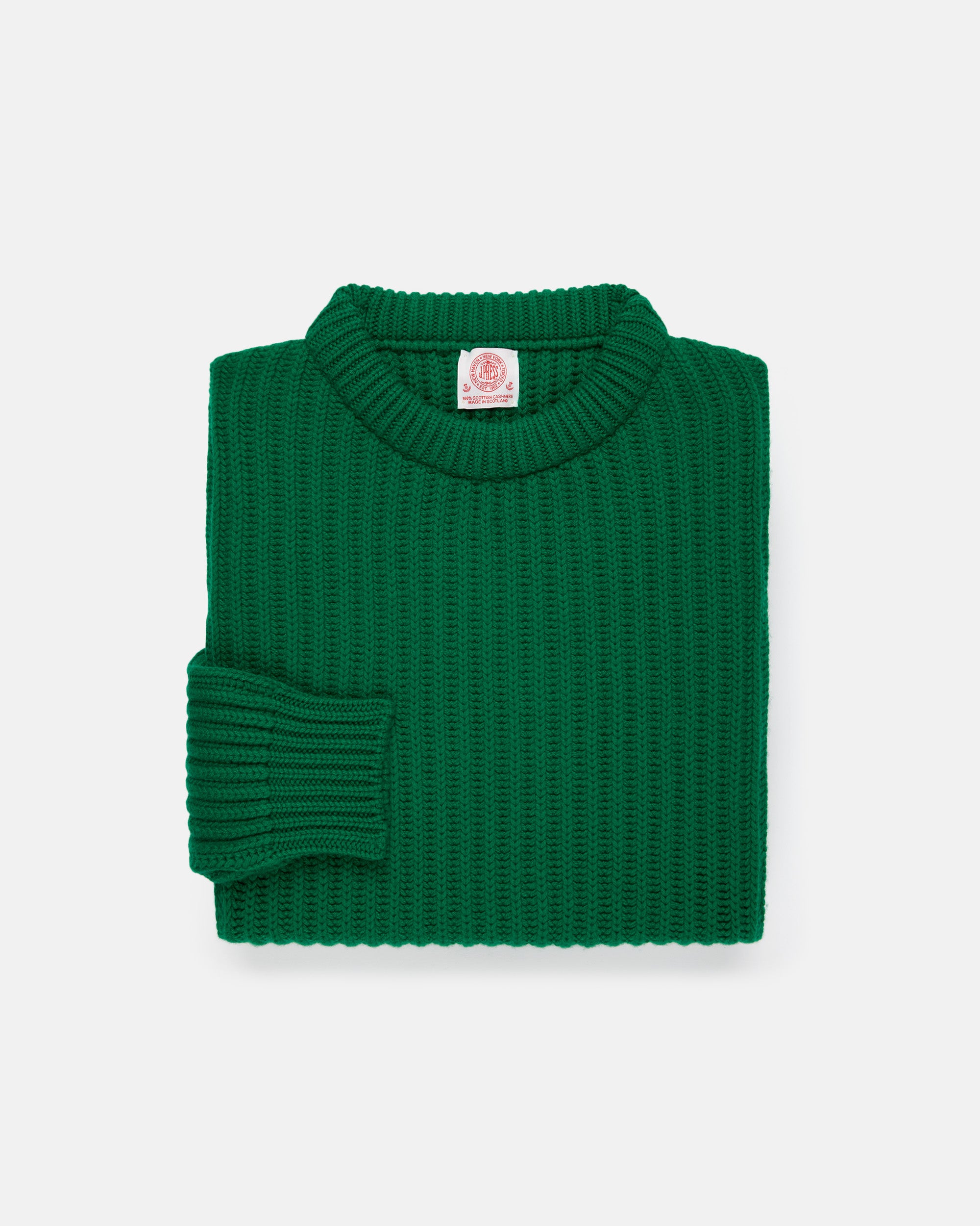 Made-in-Scotland Green Cashmere Fisherman Rib Crewneck Sweater