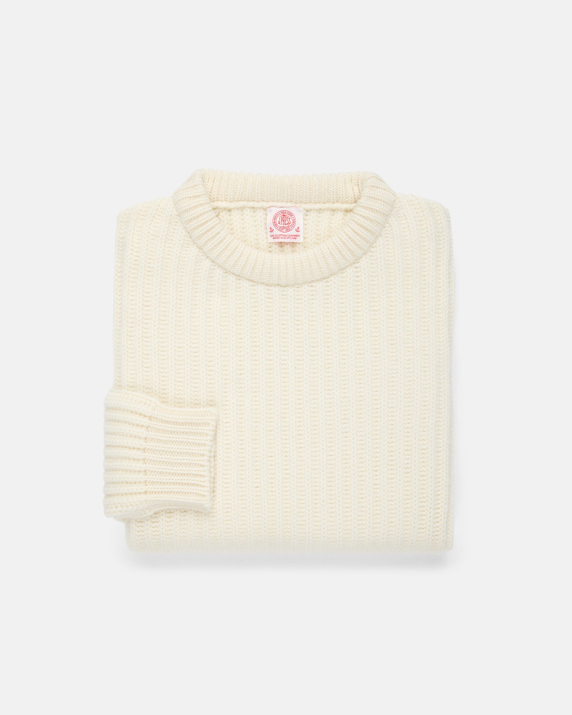 Made-in-Scotland Ivory Cashmere Fisherman Rib Crewneck Sweater