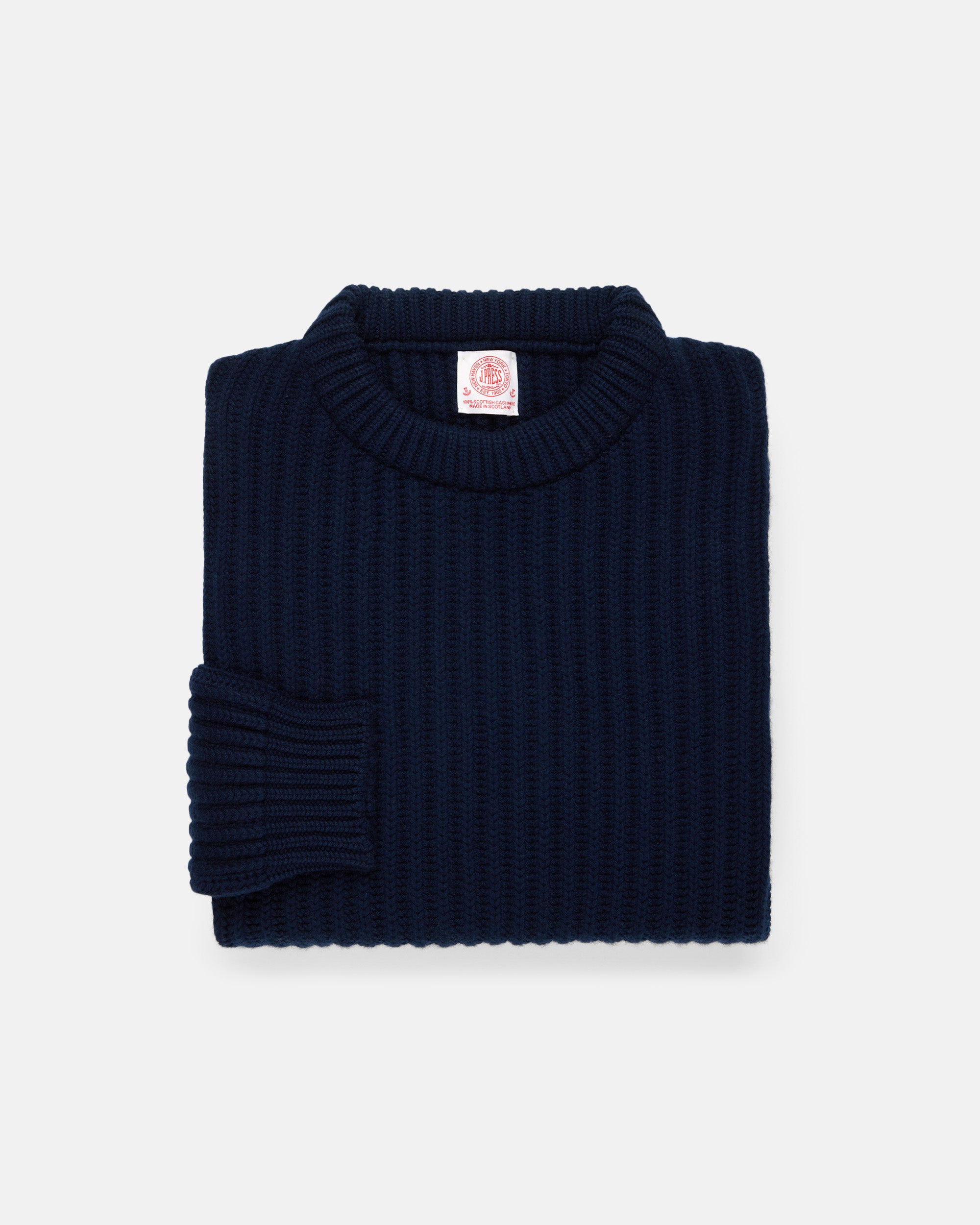 Made-in-Scotland Navy Cashmere Fisherman Rib Crewneck Sweater