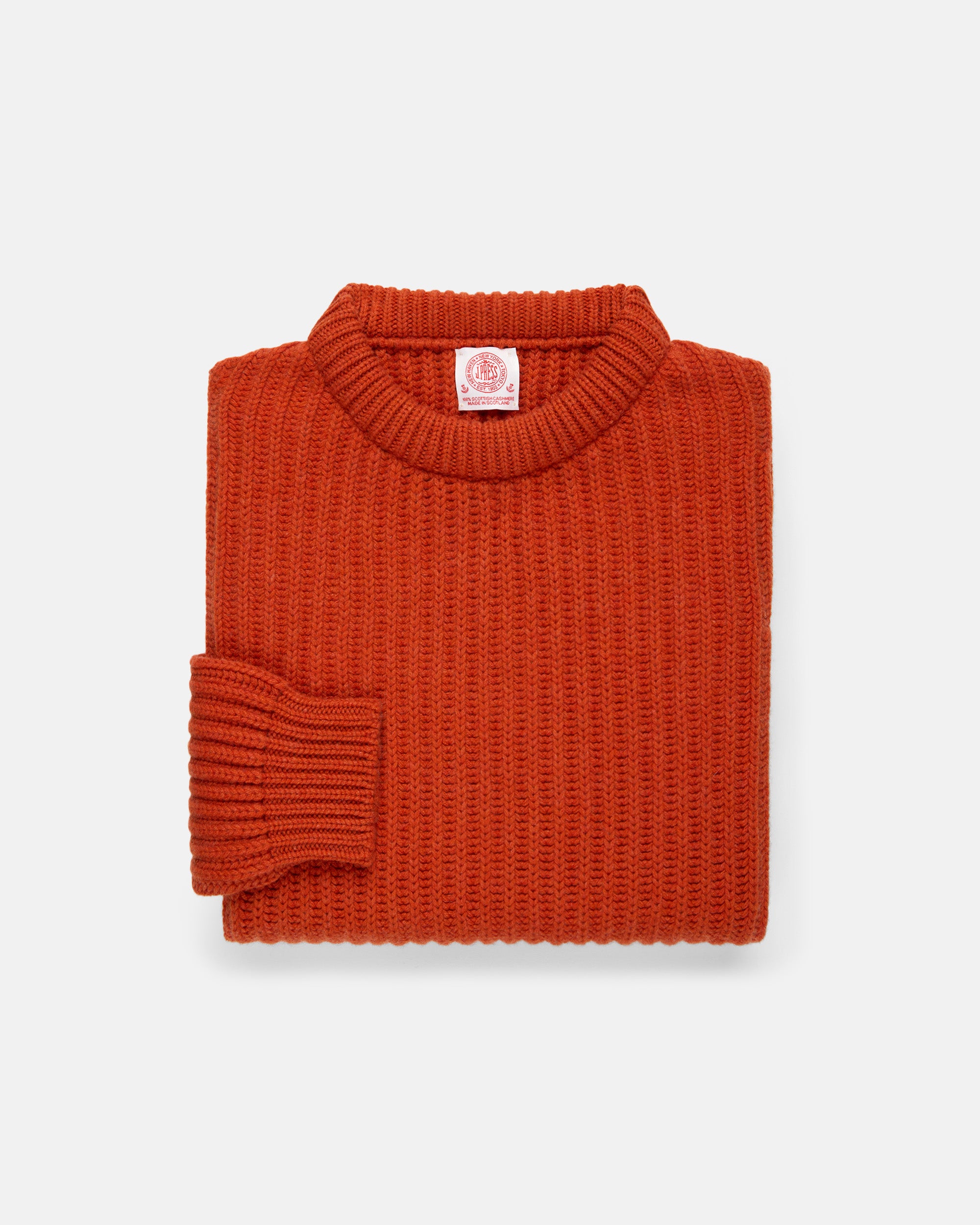 Made-in-Scotland Red Cashmere Fisherman Rib Crewneck Sweater