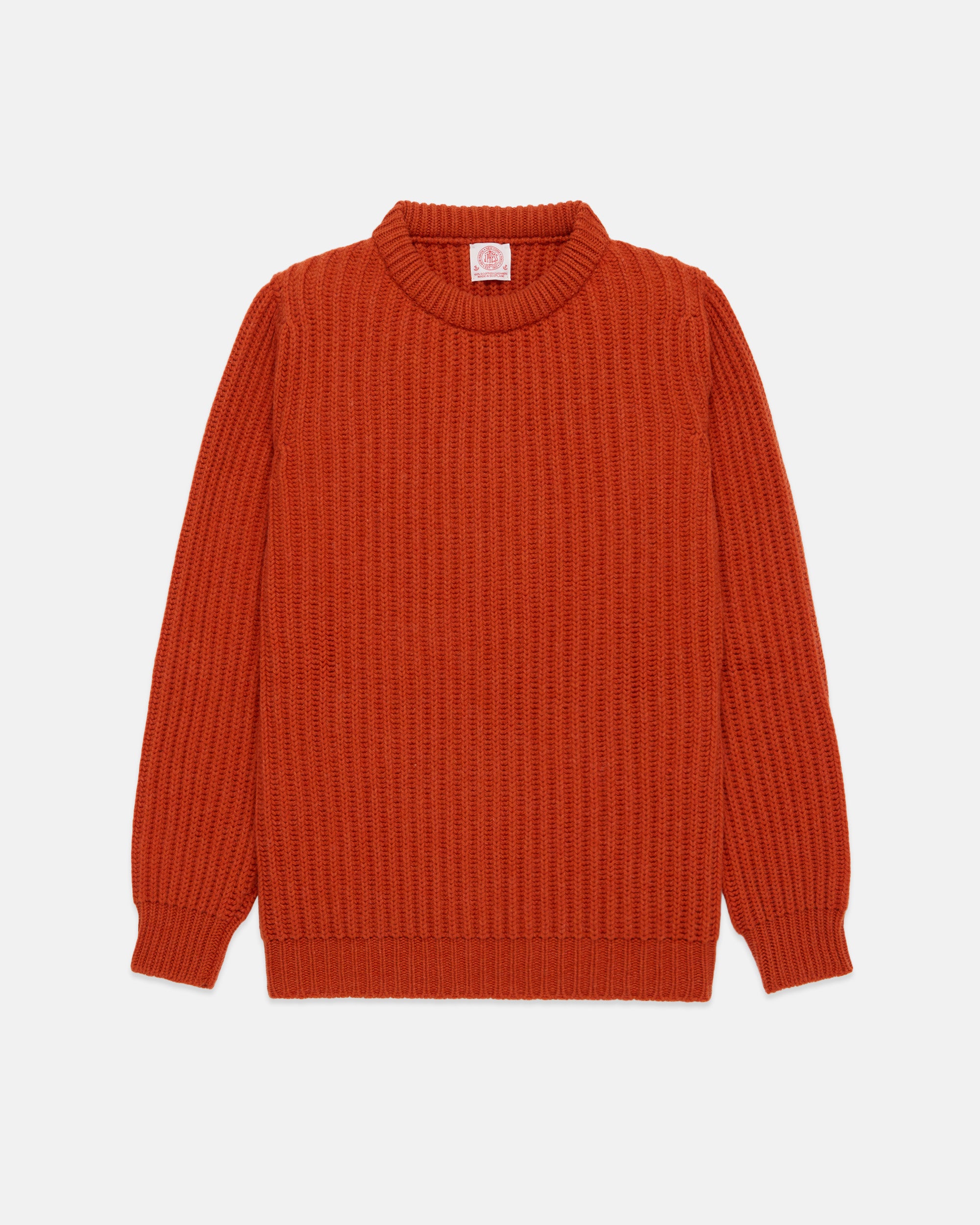 Made-in-Scotland Red Cashmere Fisherman Rib Crewneck Sweater