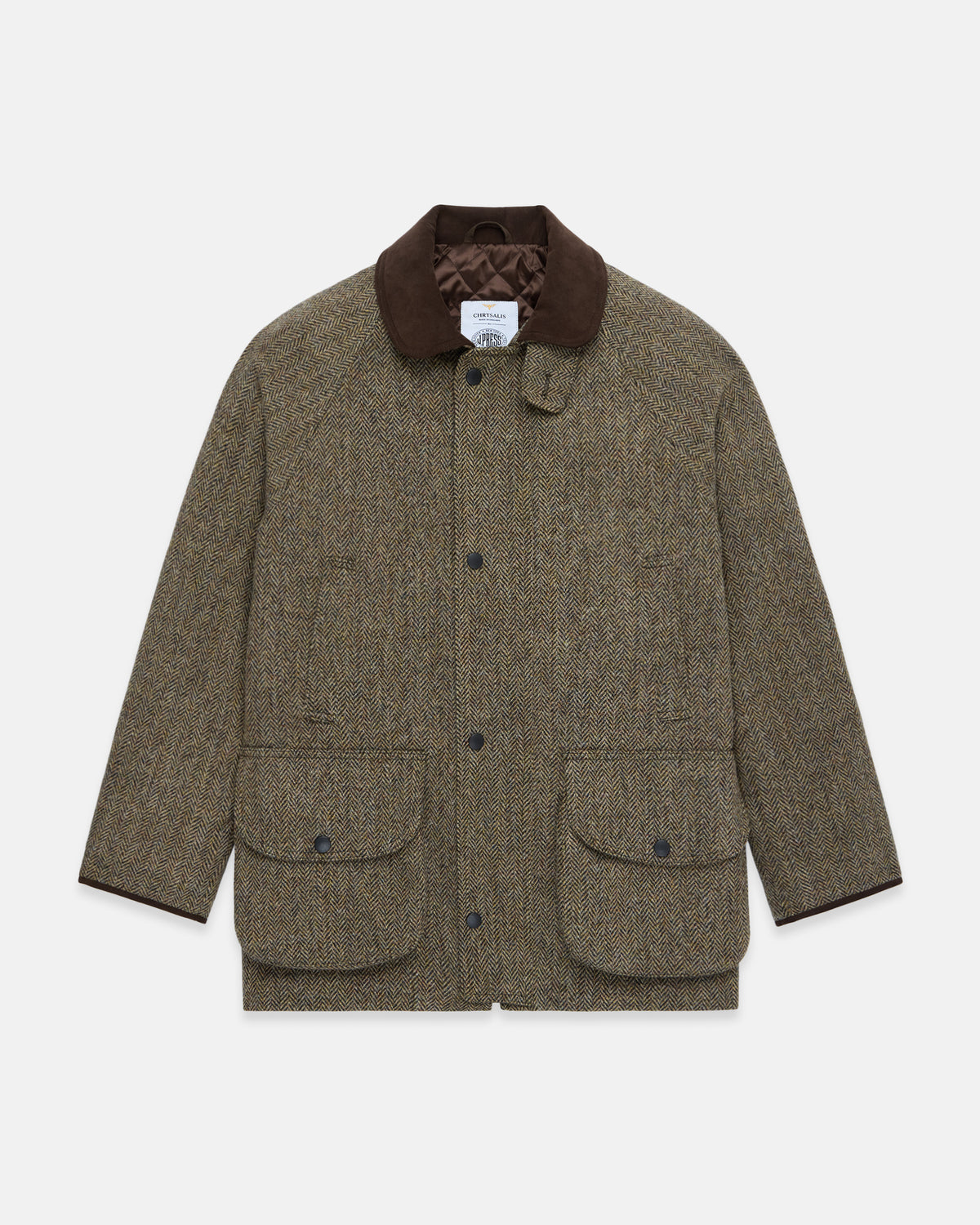Made-in-UK Olive & Tan Herringbone Harris Tweed Field Coat